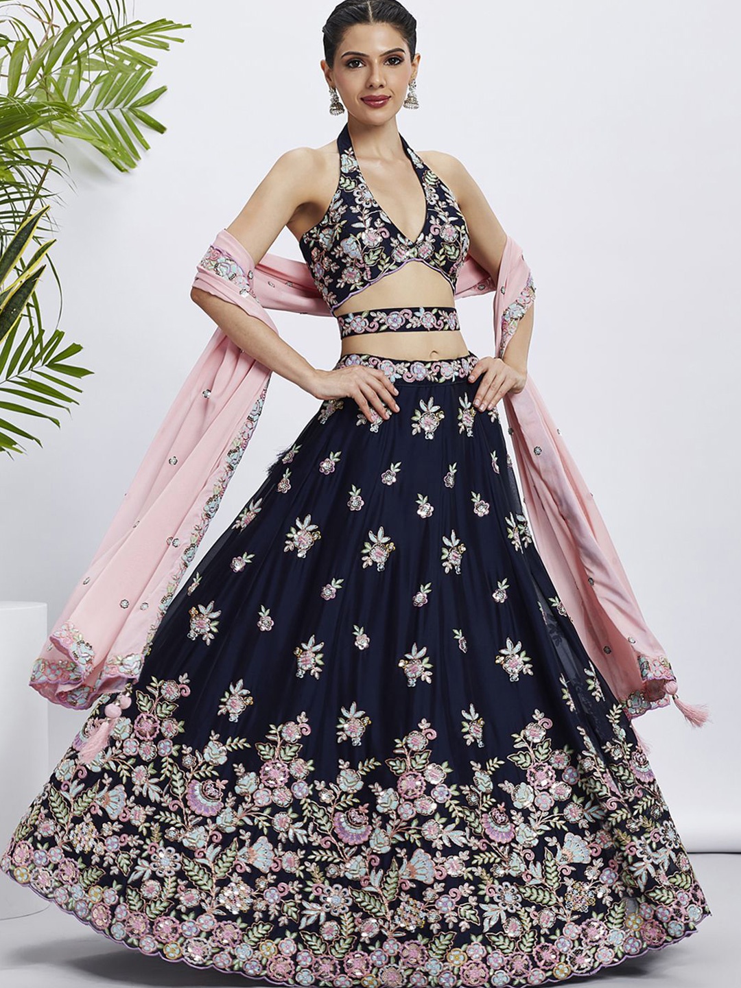 

panchhi Embroidered Sequinned Semi-Stitched Lehenga & Unstitched Blouse With Dupatta, Navy blue