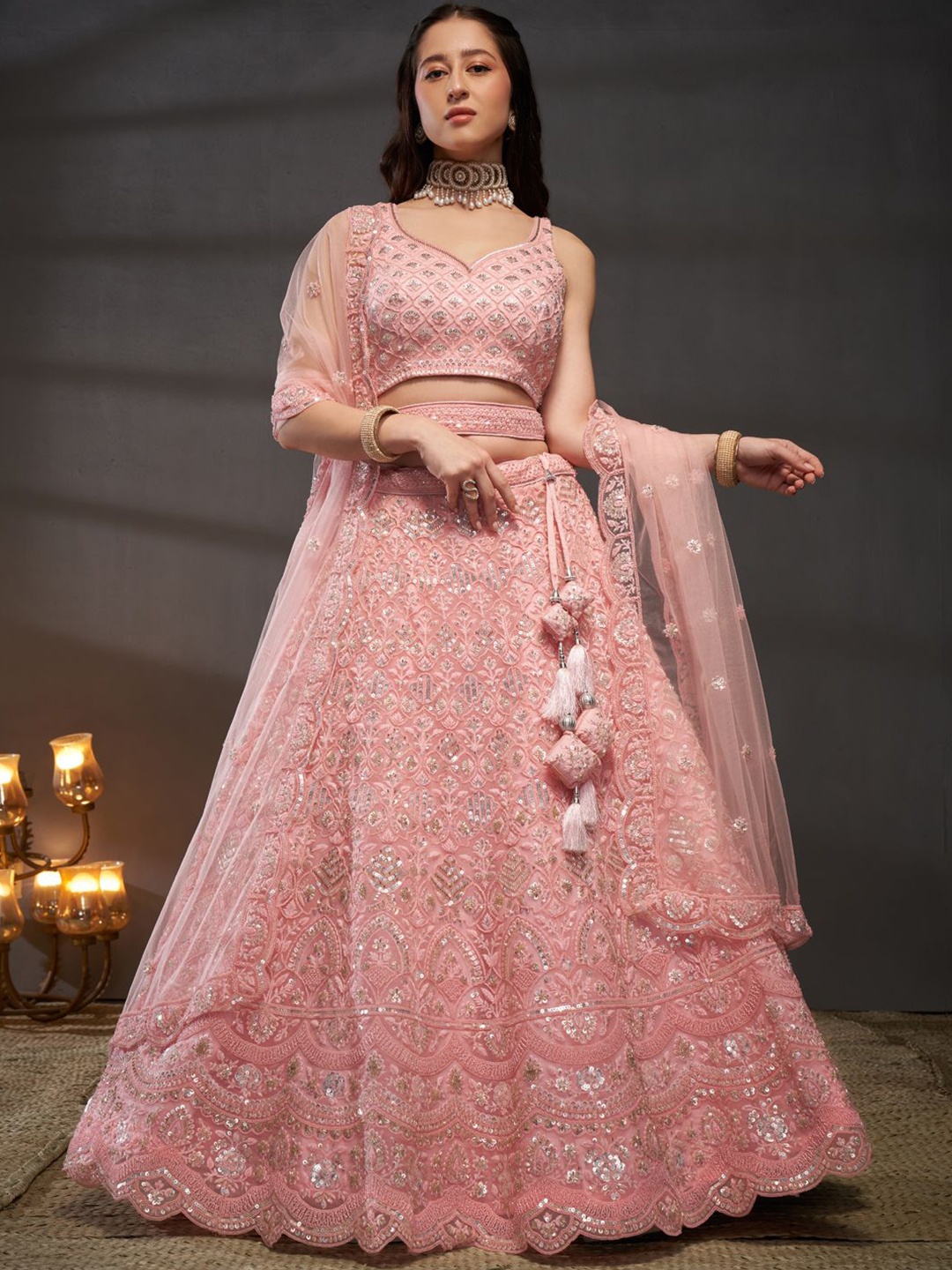 

panchhi Embroidered Sequinned Net Semi-Stitched Lehenga & Unstitched Blouse With Dupatta, Pink