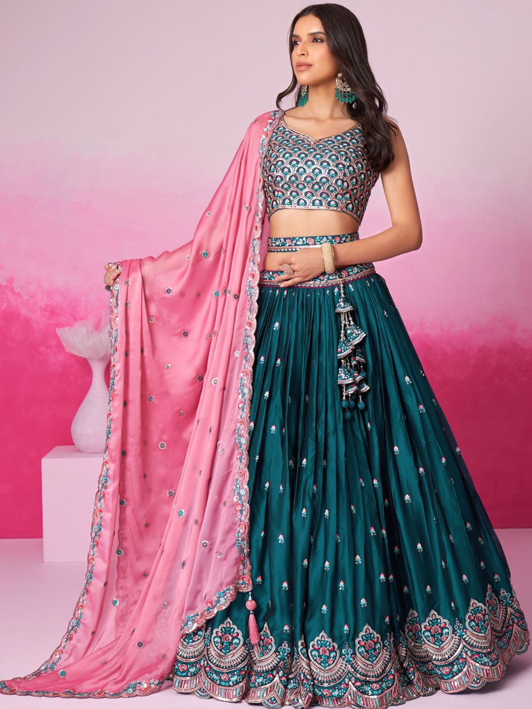 

panchhi Embroidered Pure Georgette Semi Stitched Lehenga & Unstitched Blouse With Dupatta, Teal