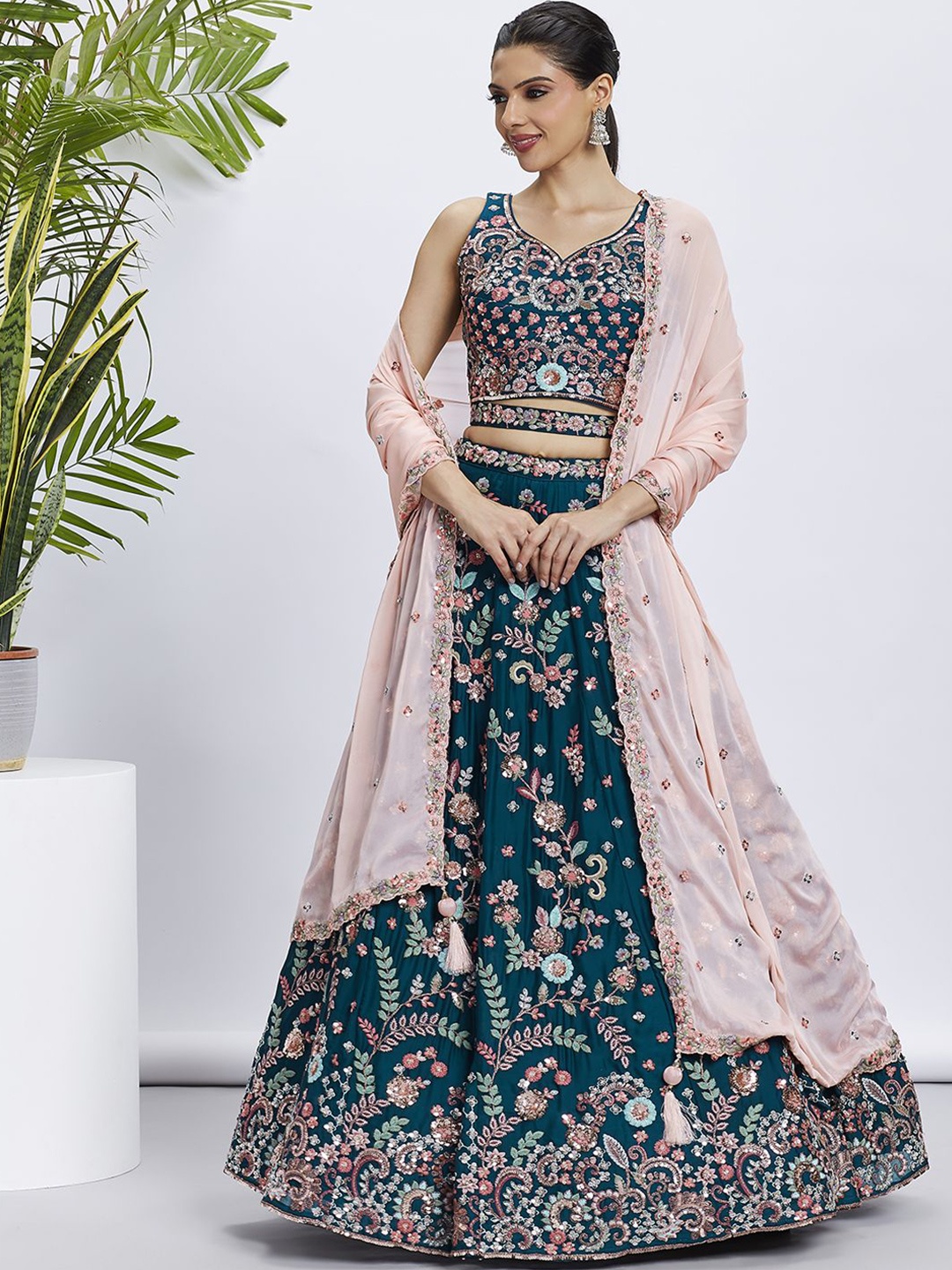 

panchhi Embroidered Sequinned Semi-Stitched Lehenga & Unstitched Blouse With Dupatta, Teal