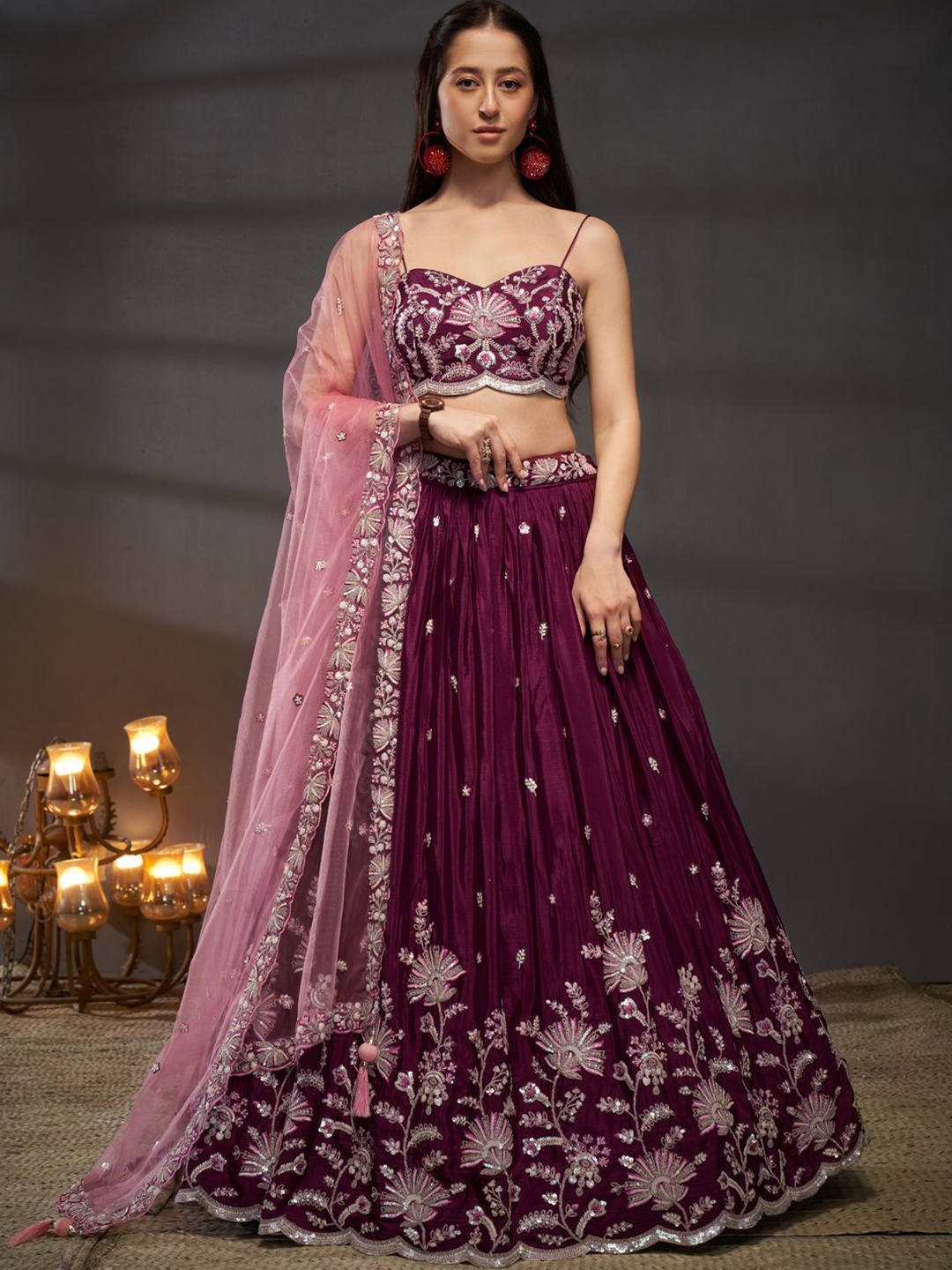 

panchhi Embroidered Sequinned Semi-Stitched Lehenga & Unstitched Blouse With Dupatta, Burgundy