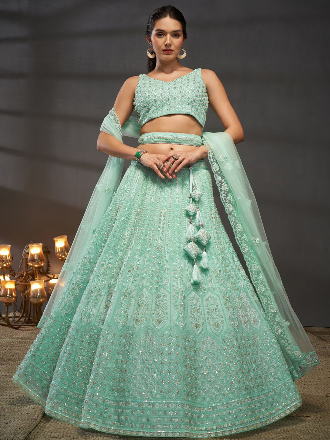 

panchhi Embroidered Sequinned Net Semi-Stitched Lehenga & Unstitched Blouse With Dupatta, Turquoise blue