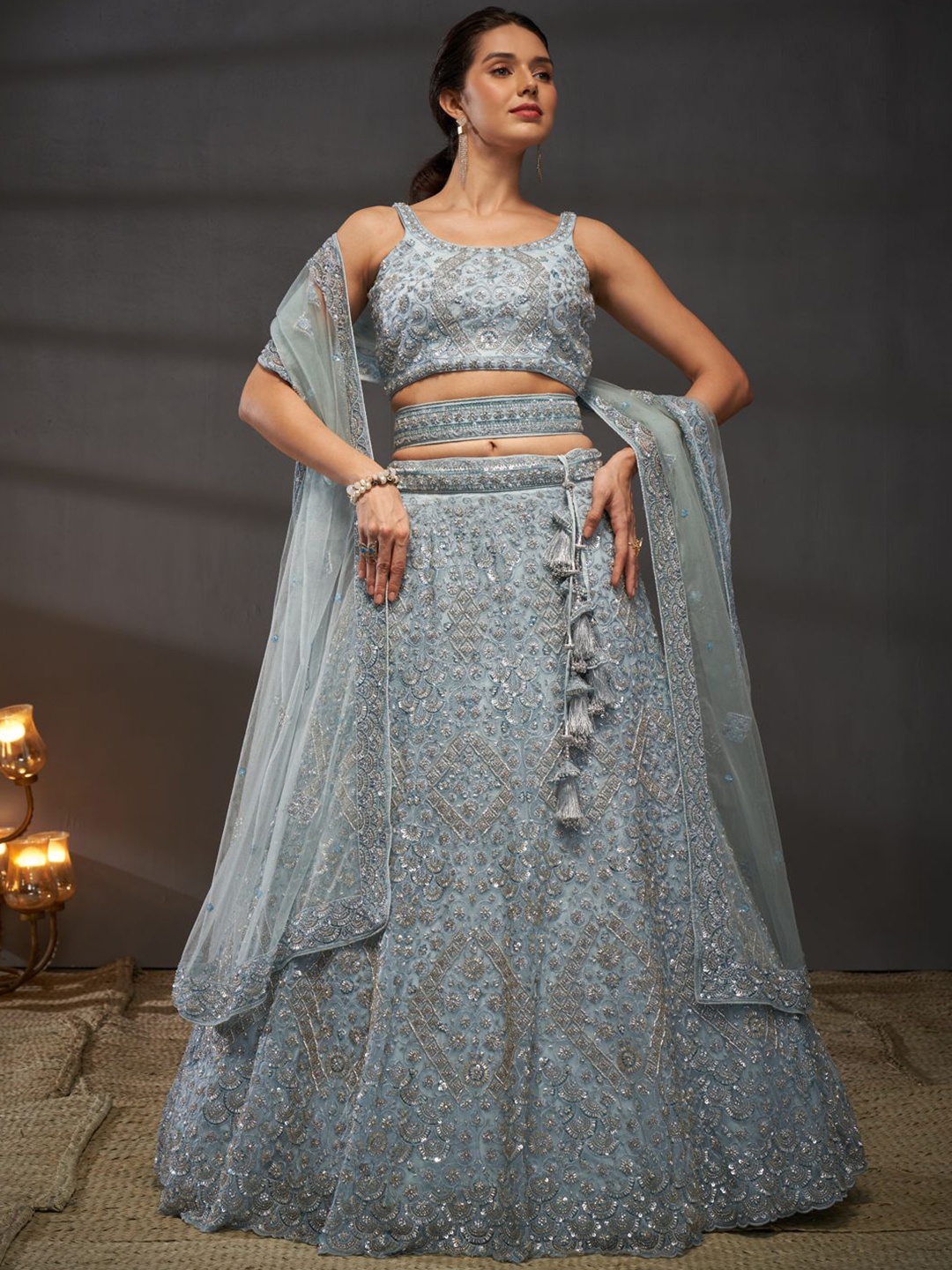 

panchhi Embroidered Sequinned Net Semi-Stitched Lehenga & Unstitched Blouse With Dupatta, Grey
