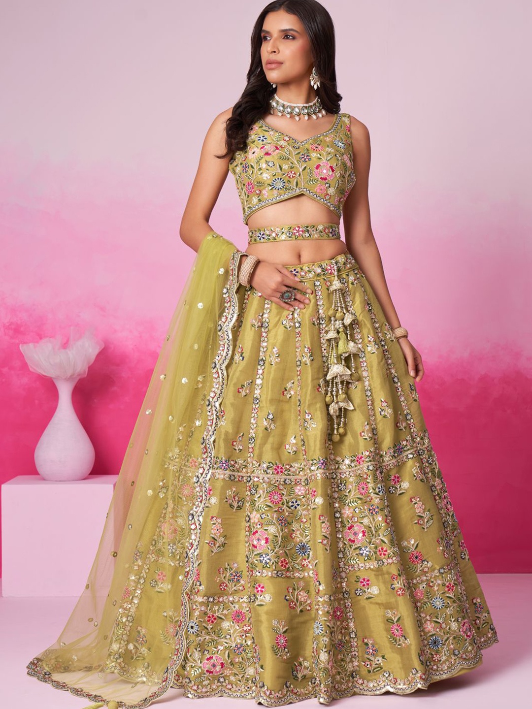 

panchhi Embroidered Sequinned Semi-Stitched Lehenga & Unstitched Blouse With Dupatta, Mustard