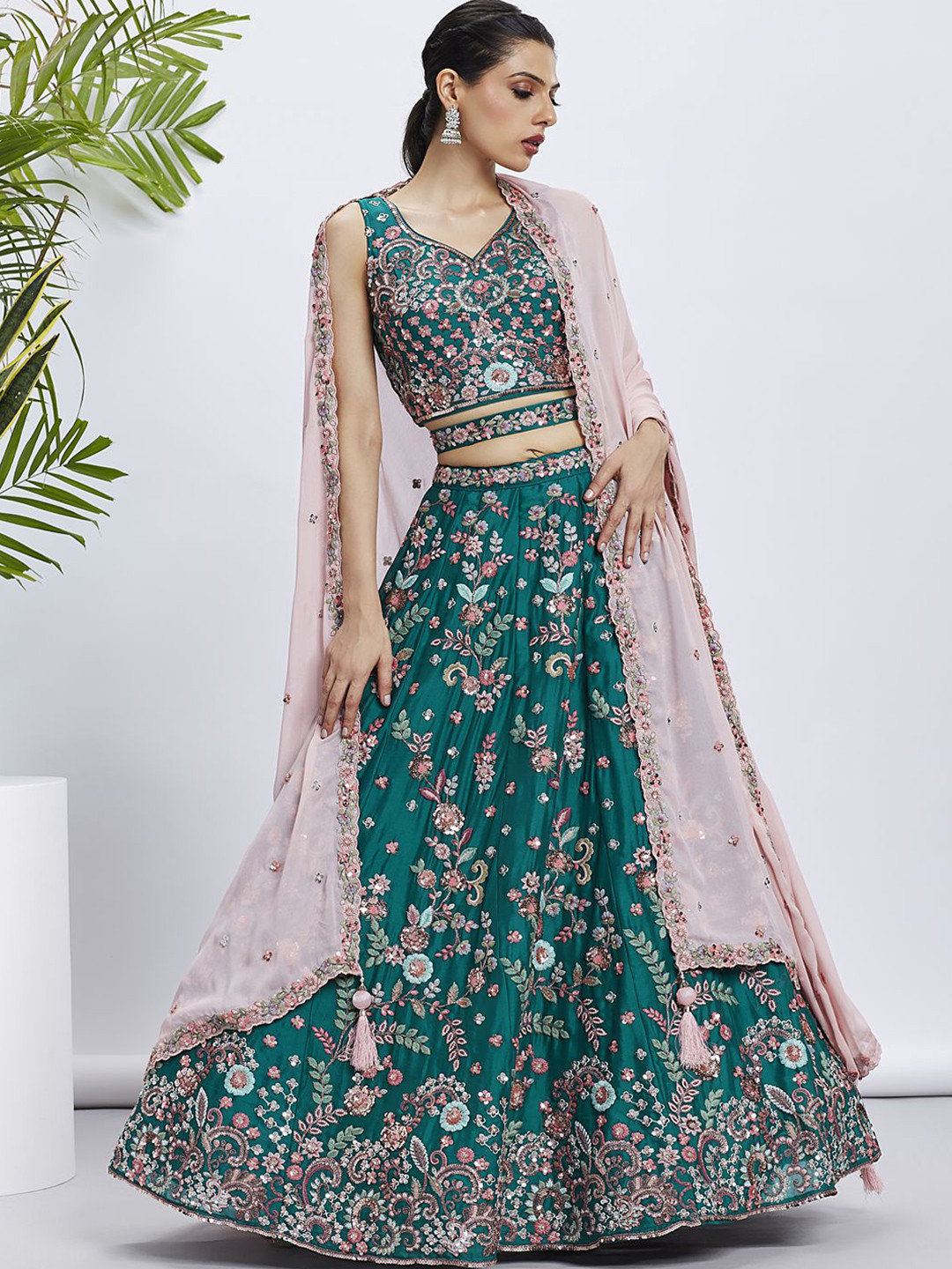 

panchhi Embroidered Sequinned Semi-Stitched Lehenga & Unstitched Blouse With Dupatta, Green