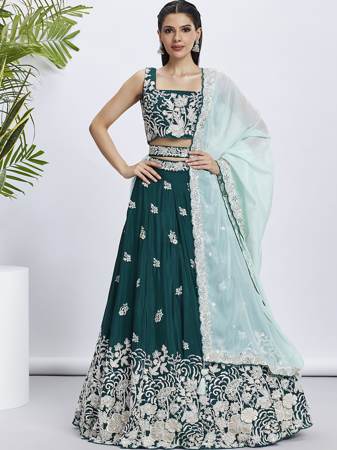 

panchhi Embroidered Pure Georgette Semi Stitched Lehenga & Unstitched Blouse With Dupatta, Green