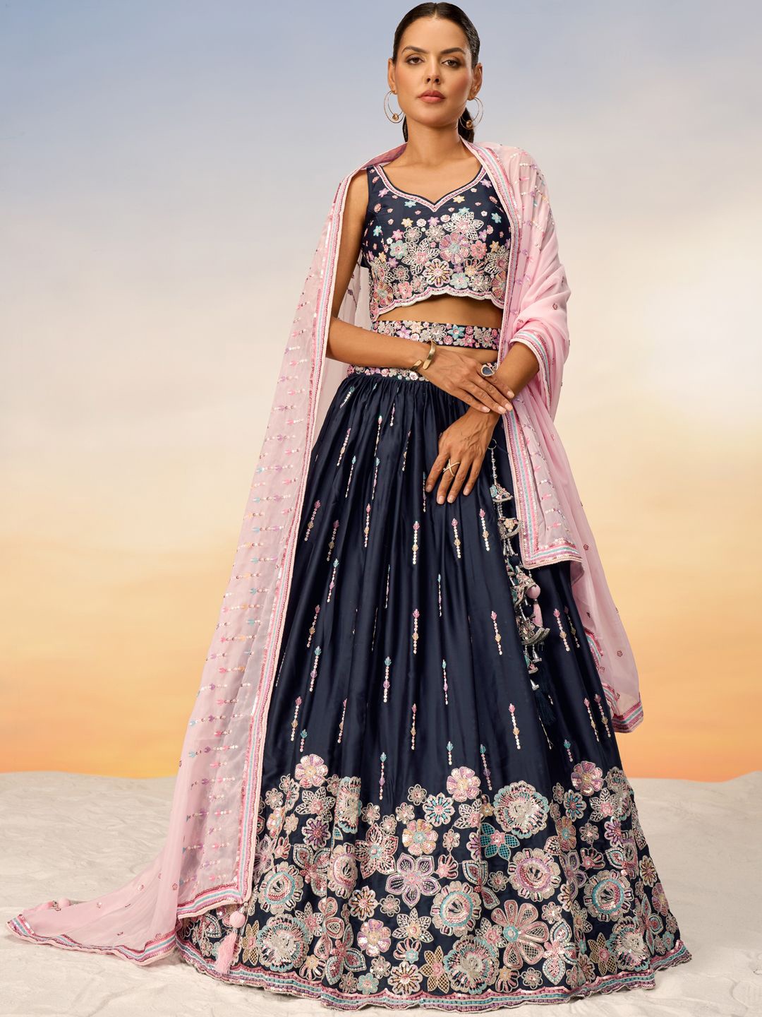 

panchhi Embroidered Sequinned Semi-Stitched Lehenga & Unstitched Blouse With Dupatta, Navy blue