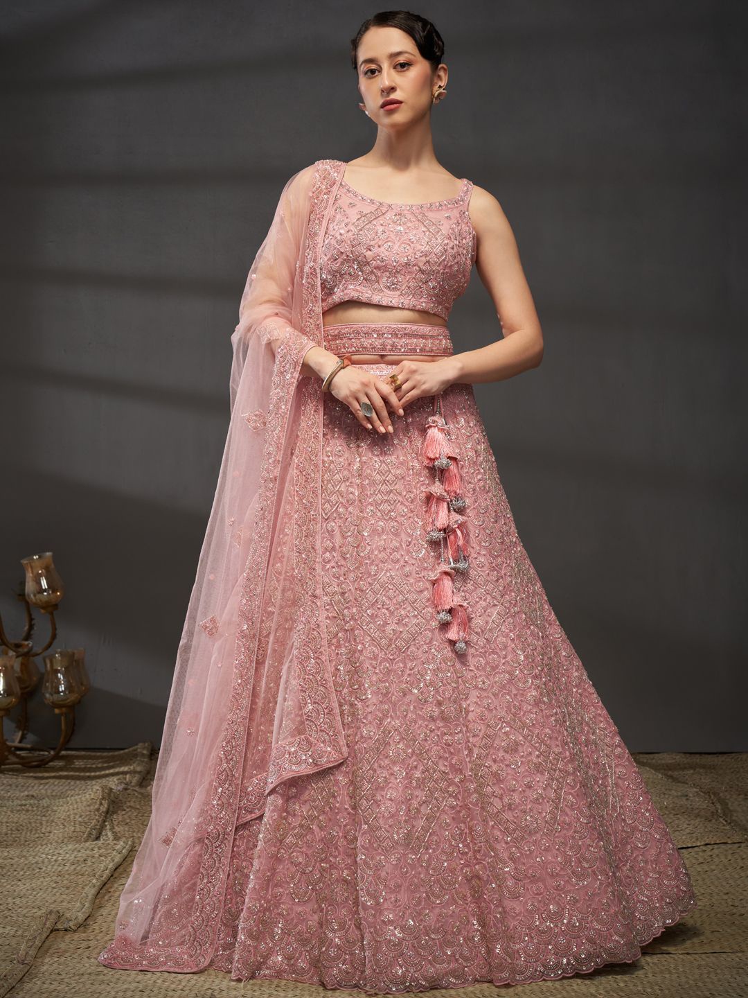 

panchhi Embroidered Sequinned Semi-Stitched Lehenga & Unstitched Blouse With Dupatta, Pink