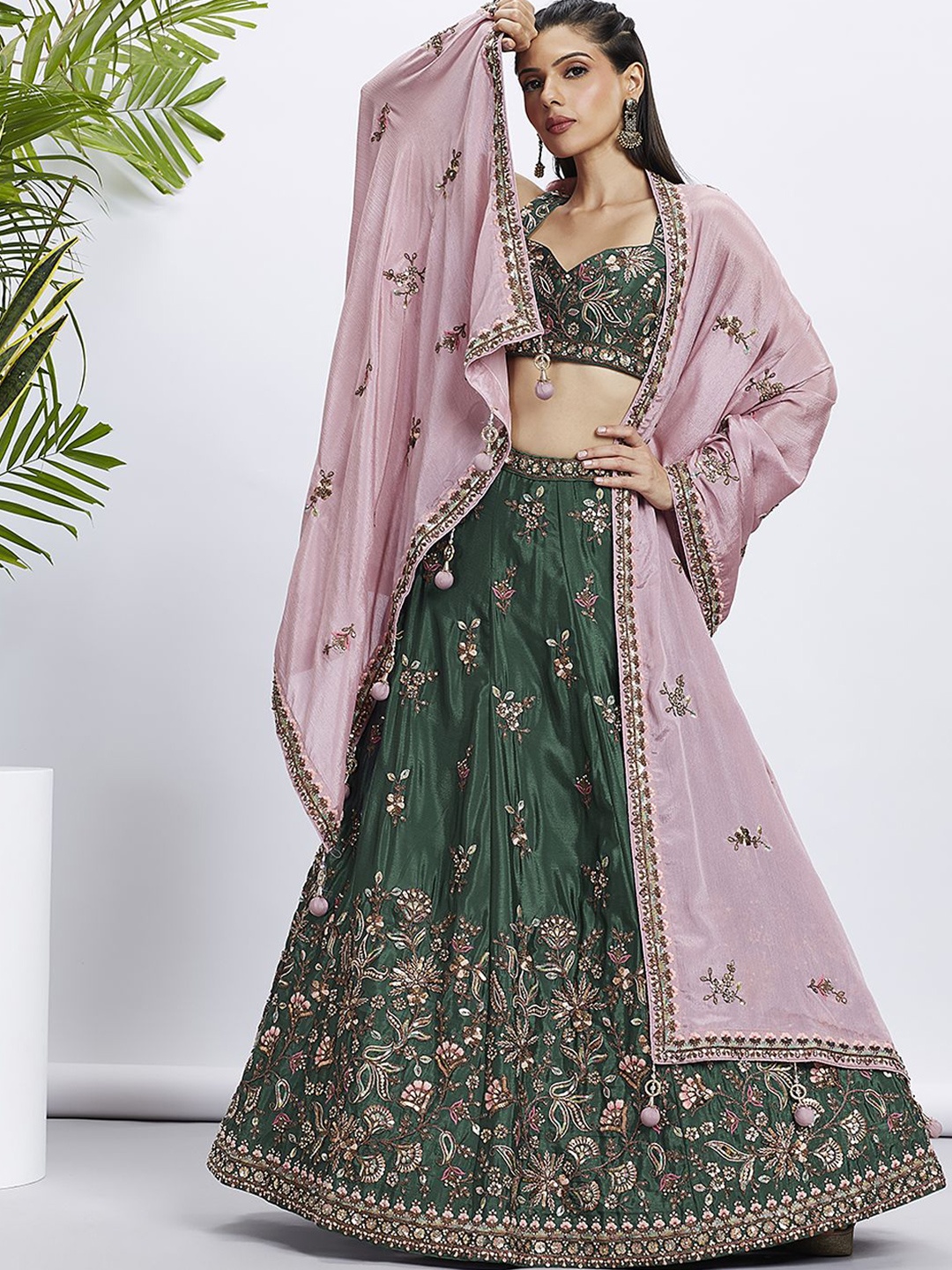 

panchhi Embroidered Sequinned Semi-Stitched Lehenga & Unstitched Blouse With Dupatta, Green