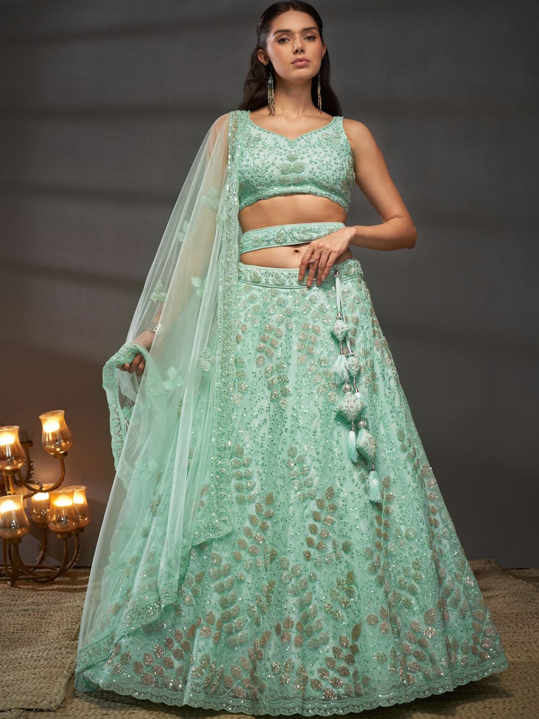 

panchhi Embroidered Sequinned Net Semi-Stitched Lehenga & Unstitched Blouse With Dupatta, Turquoise blue