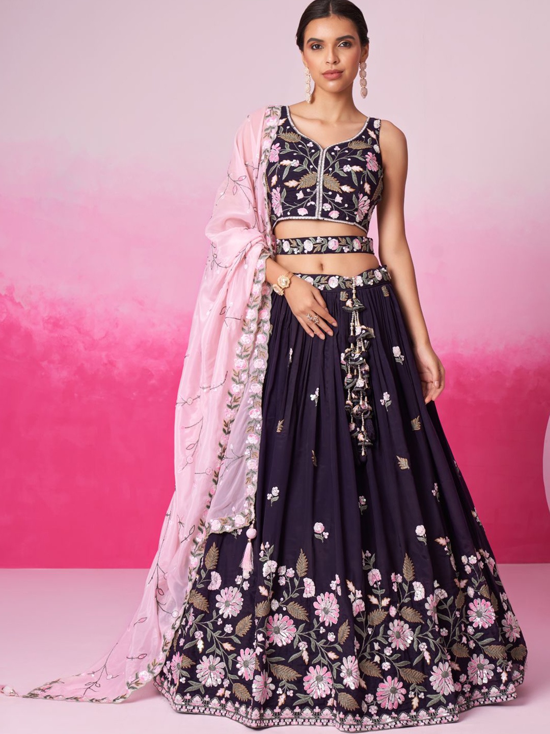 

panchhi Embroidered Organza Semi Stitched Lehenga & Unstitched Blouse With Dupatta, Purple