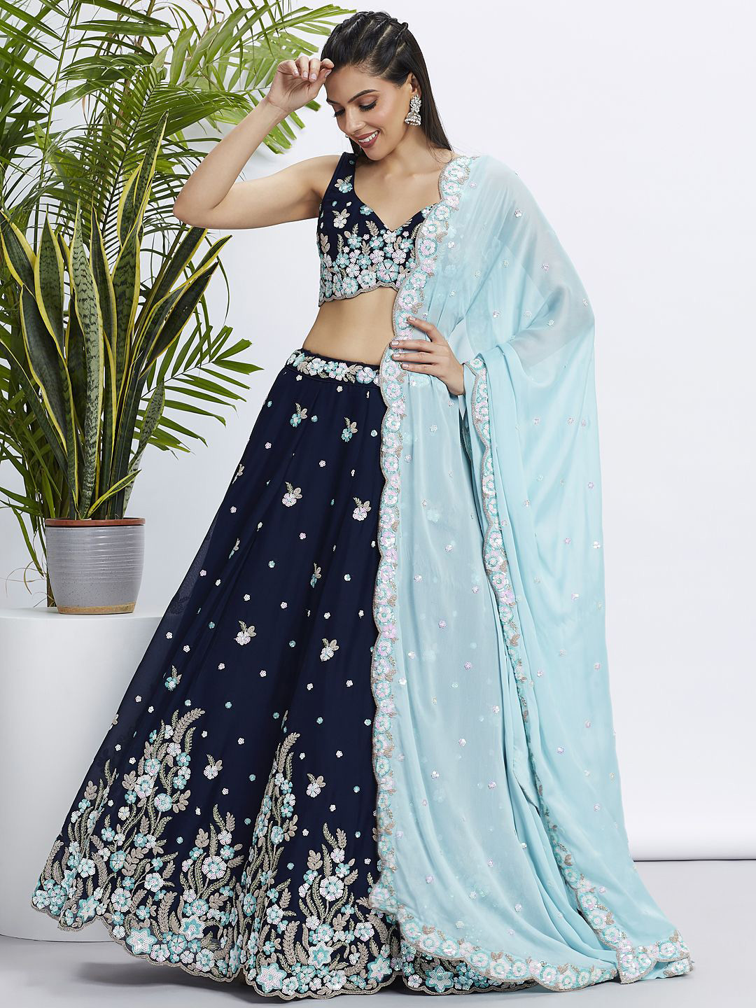 

panchhi Embroidered Sequinned Semi-Stitched Lehenga & Unstitched Blouse With Dupatta, Navy blue