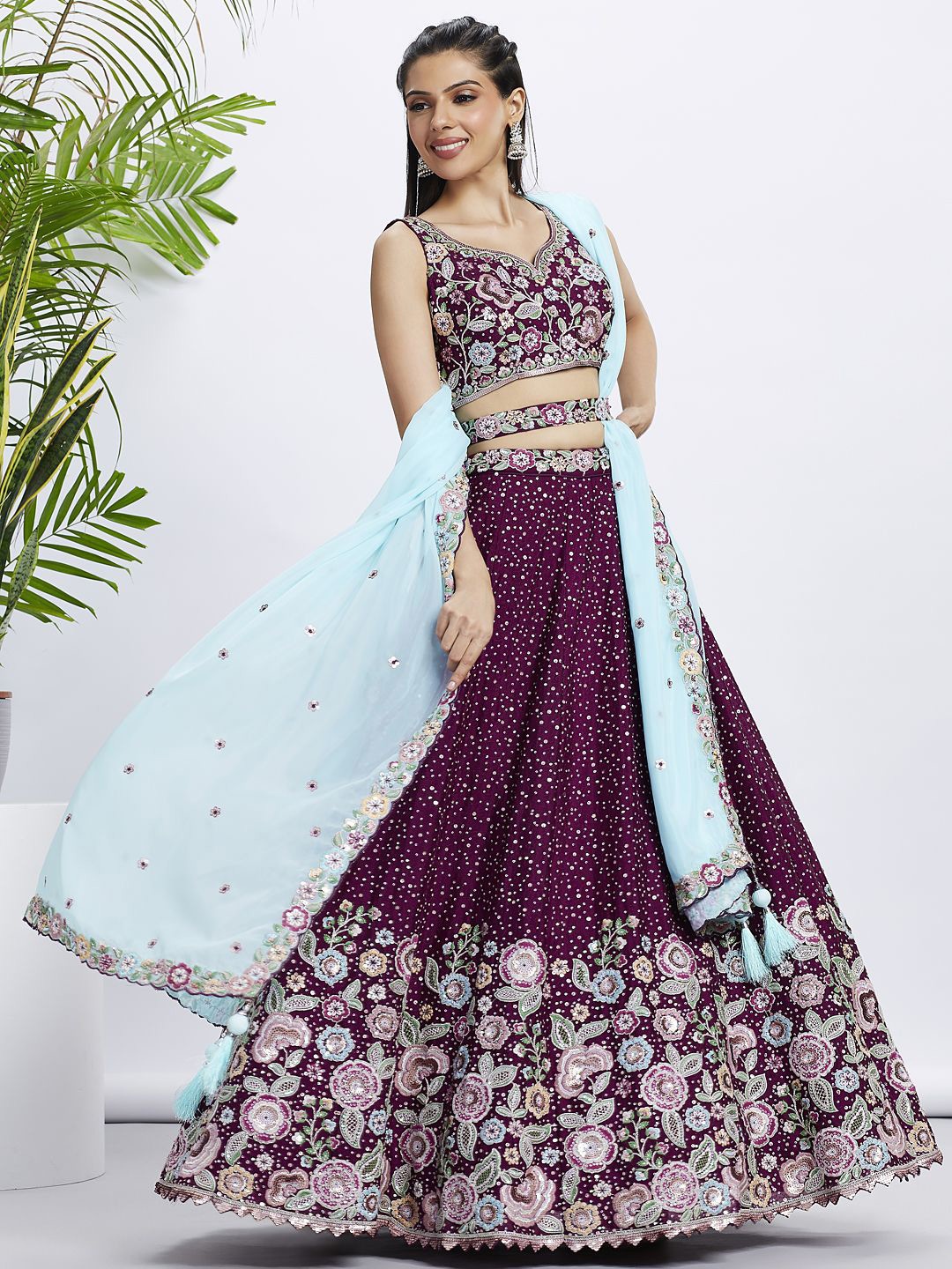

panchhi Embroidered Sequinned Semi-Stitched Lehenga & Unstitched Blouse With Dupatta, Burgundy