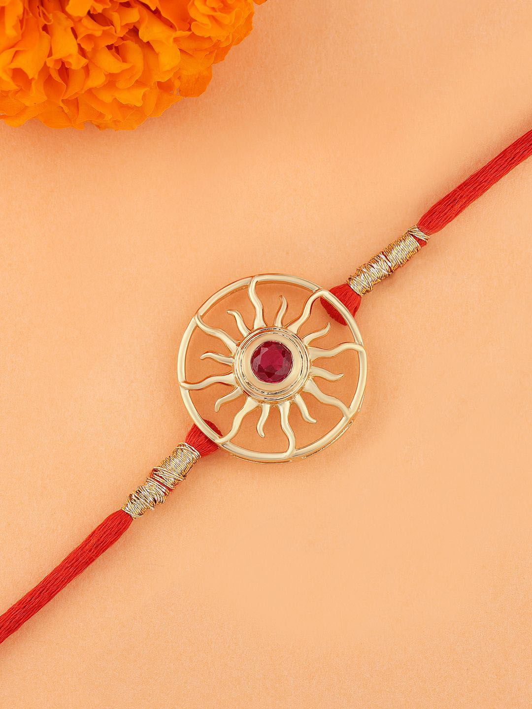 

Ornate Jewels 925 Silver 18K Gold Plated Ruby Sun Charm Thread Rakhi With Roli Chawal