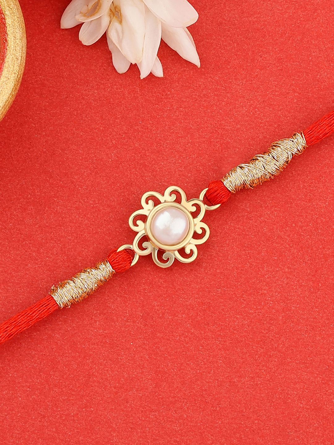 

Ornate Jewels 925 Silver 18K Gold Plated Pearl Beaded Thread Rakhi With Roli Chawal