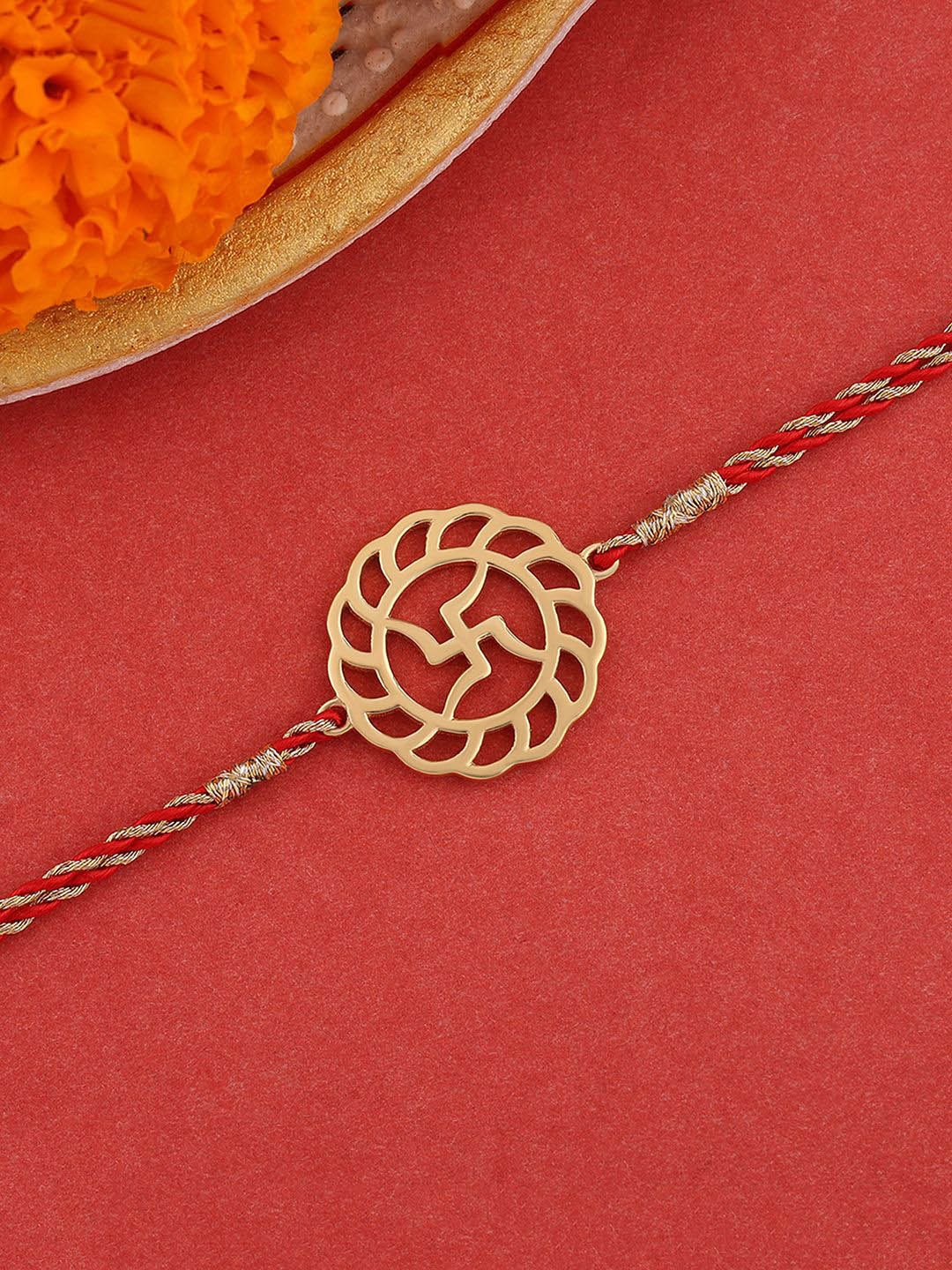 

Ornate Jewels 925 Silver 18K Gold Plated Swastik Thread Rakhi With Roli Chawal