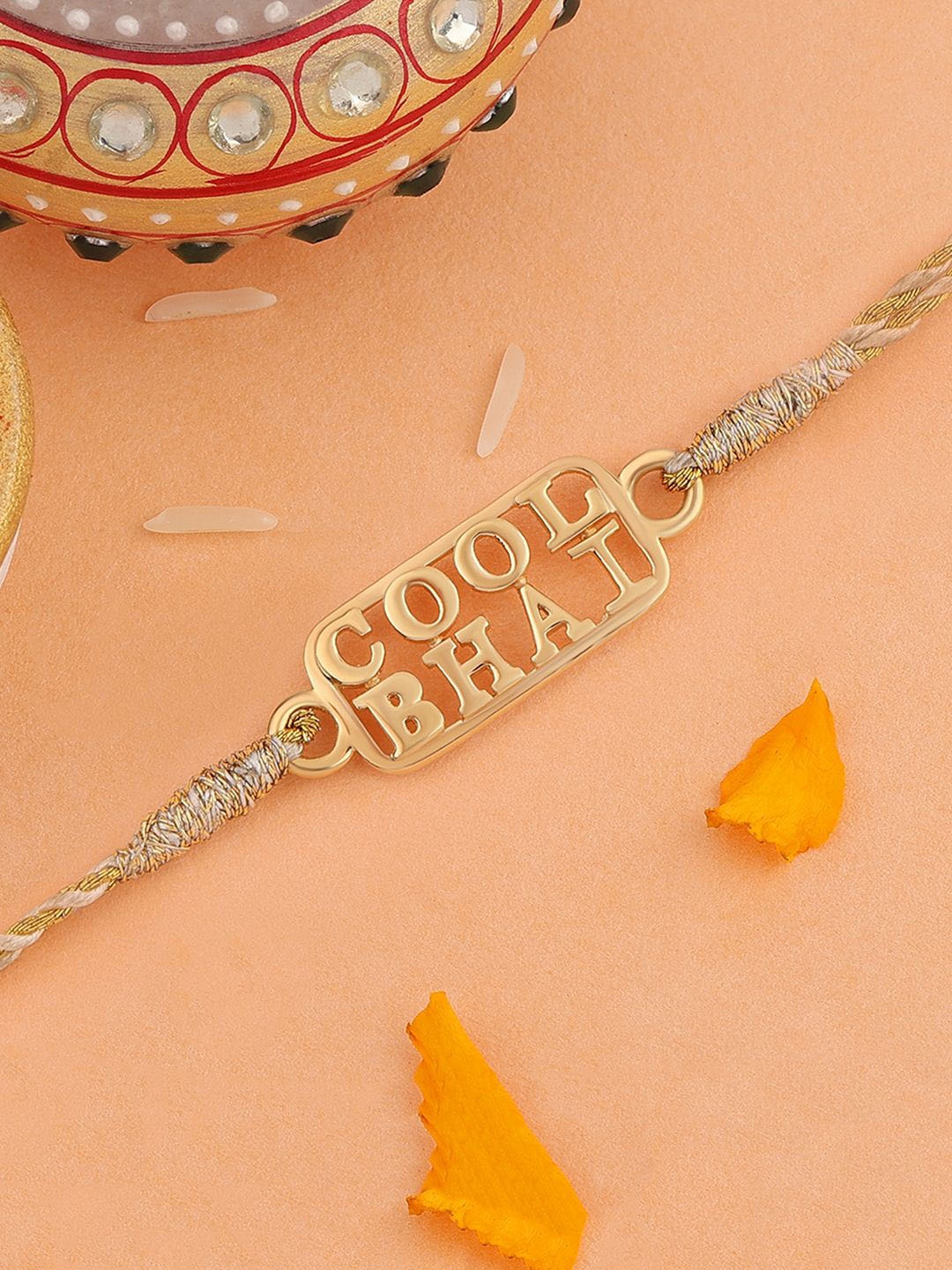 

Ornate Jewels 925 Silver 18K Gold Plated Cool Bhai Rakhi With Roli Chawal