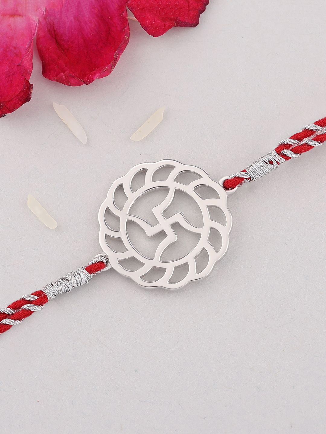 

Ornate Jewels 925 Silver Swastik Charm Thread Rakhi With Roli Chawal & Greeting Card