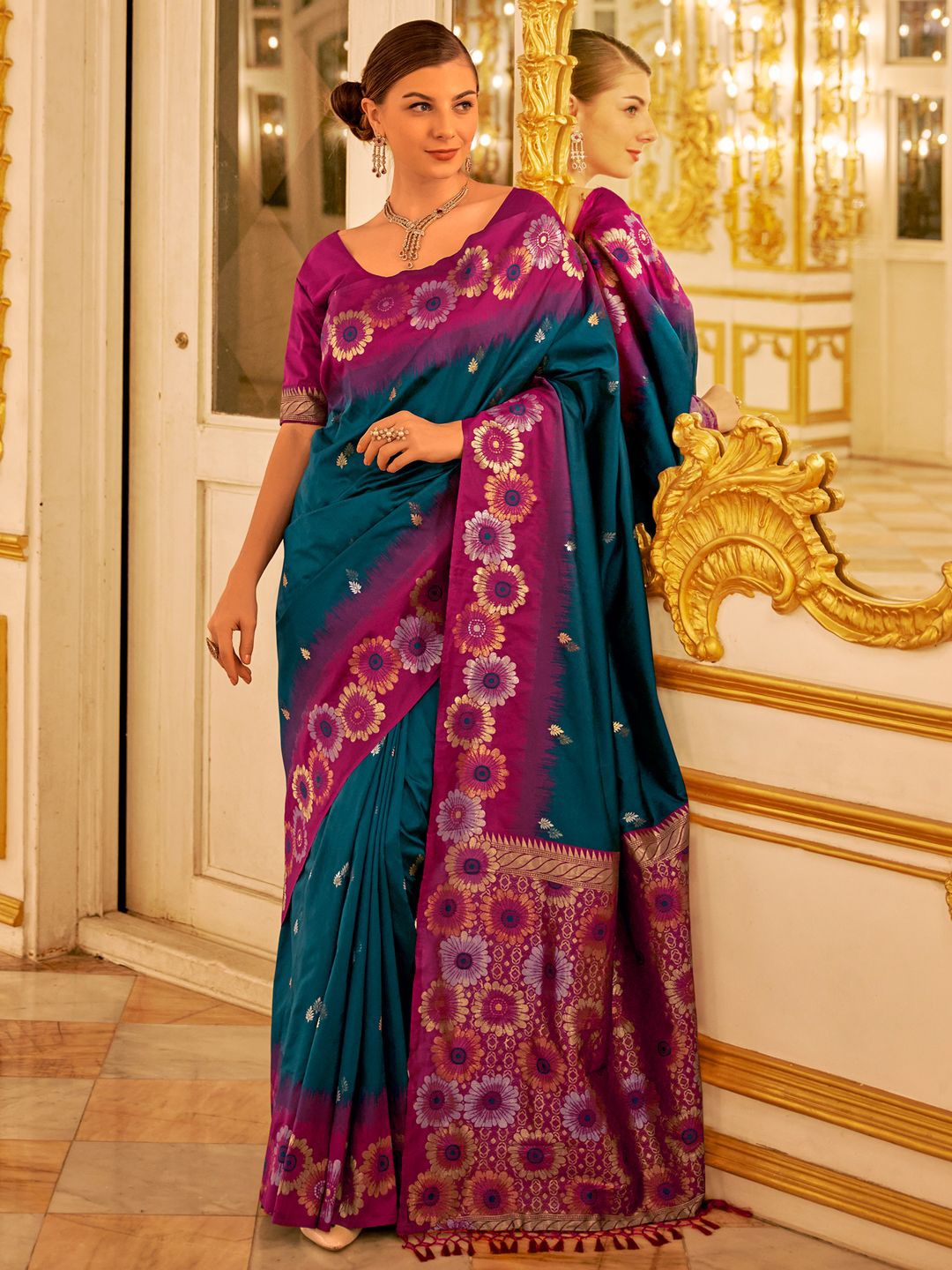 

Panzora Ethnic Motifs Woven Design Zari Banarasi Saree, Teal