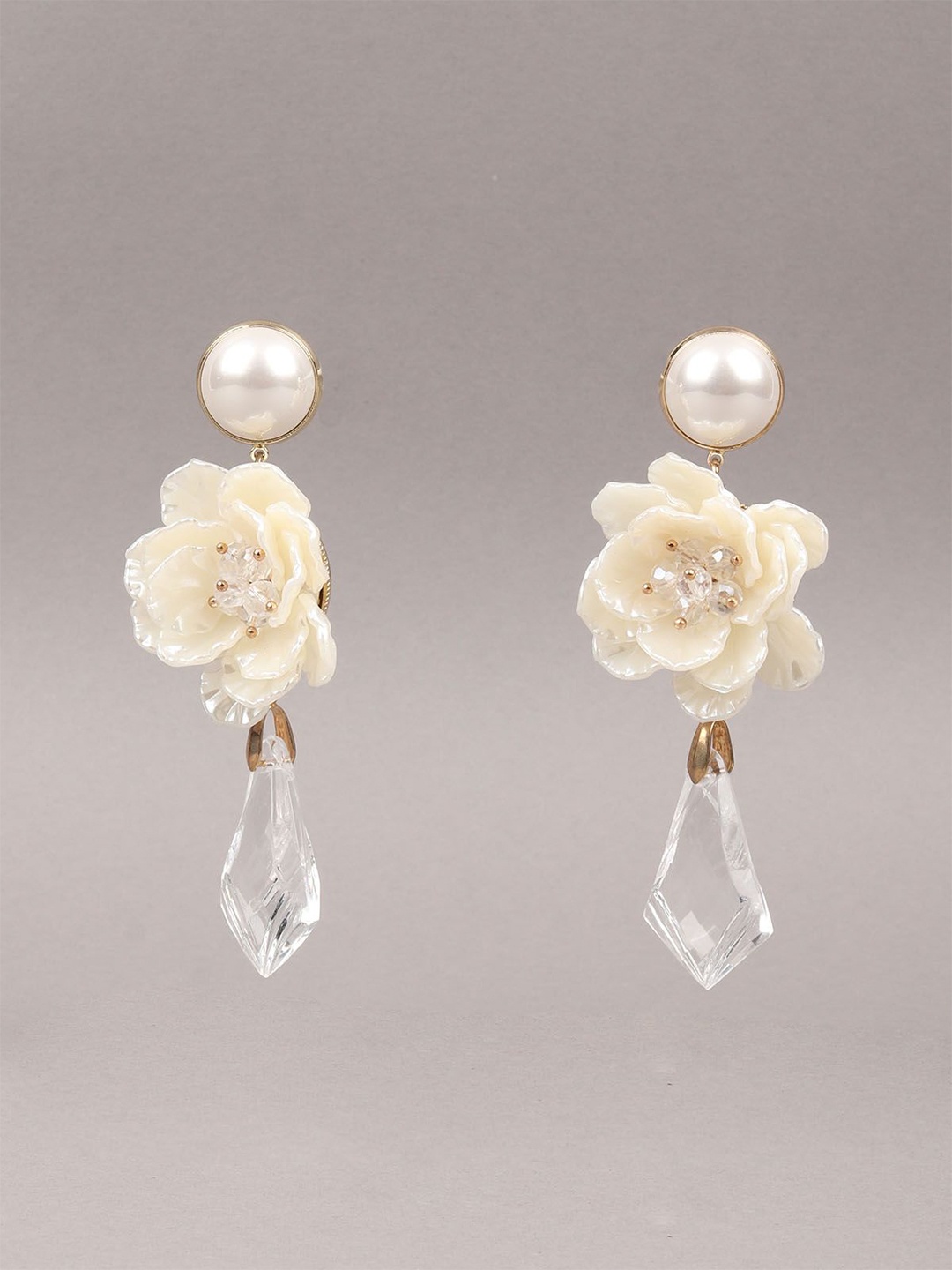

ODETTE Gold Plated Contemporary Floral Shaped Drop Earrings, White