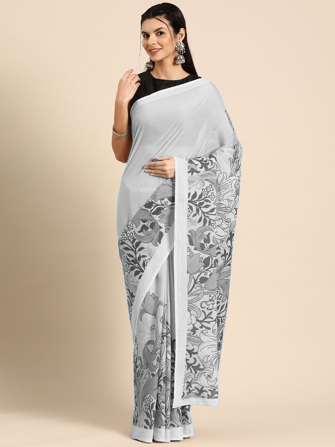 

BUTA BUTI Floral Pure Cotton Saree, Grey