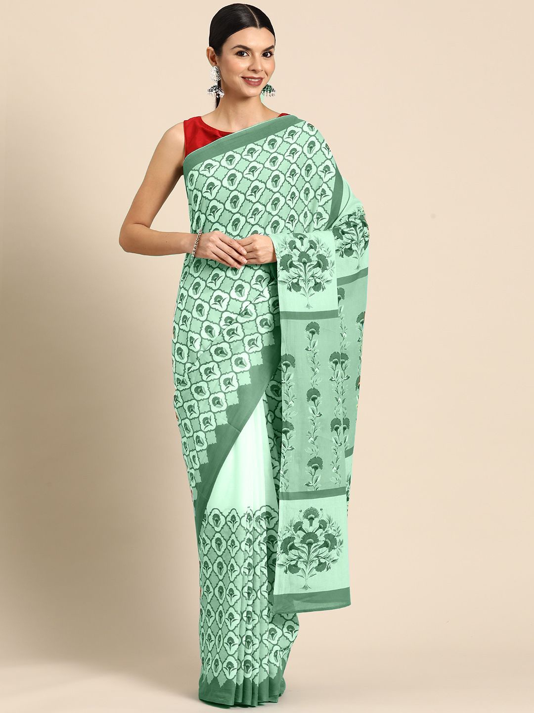 

BUTA BUTI Floral Pure Cotton Saree, Green