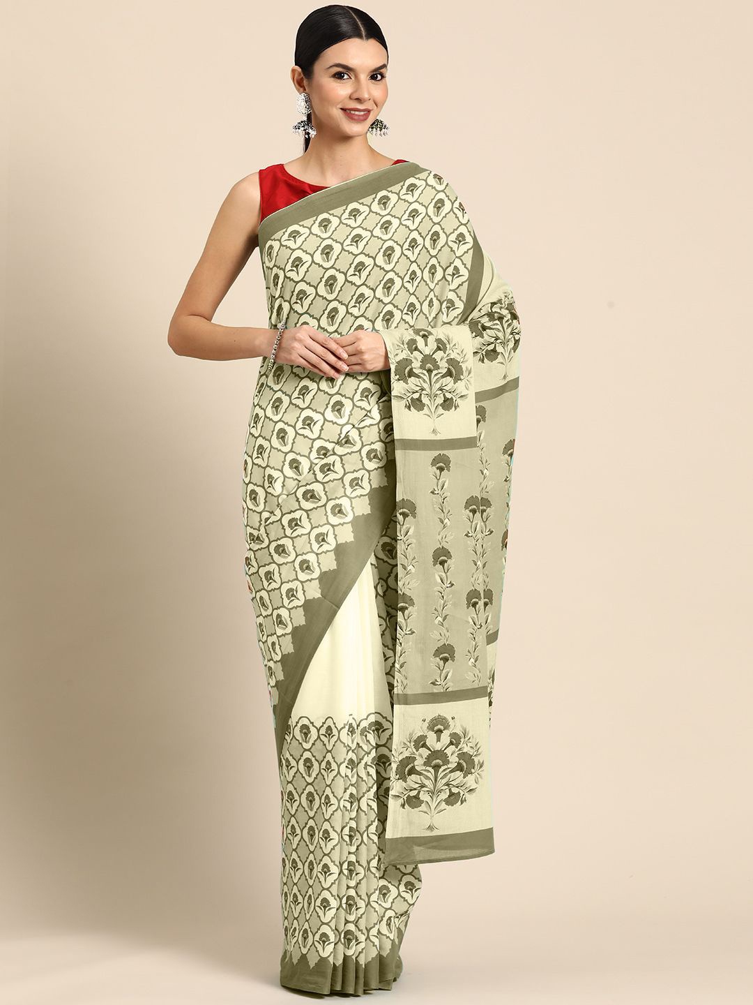 

BUTA BUTI Floral Pure Cotton Saree, Green