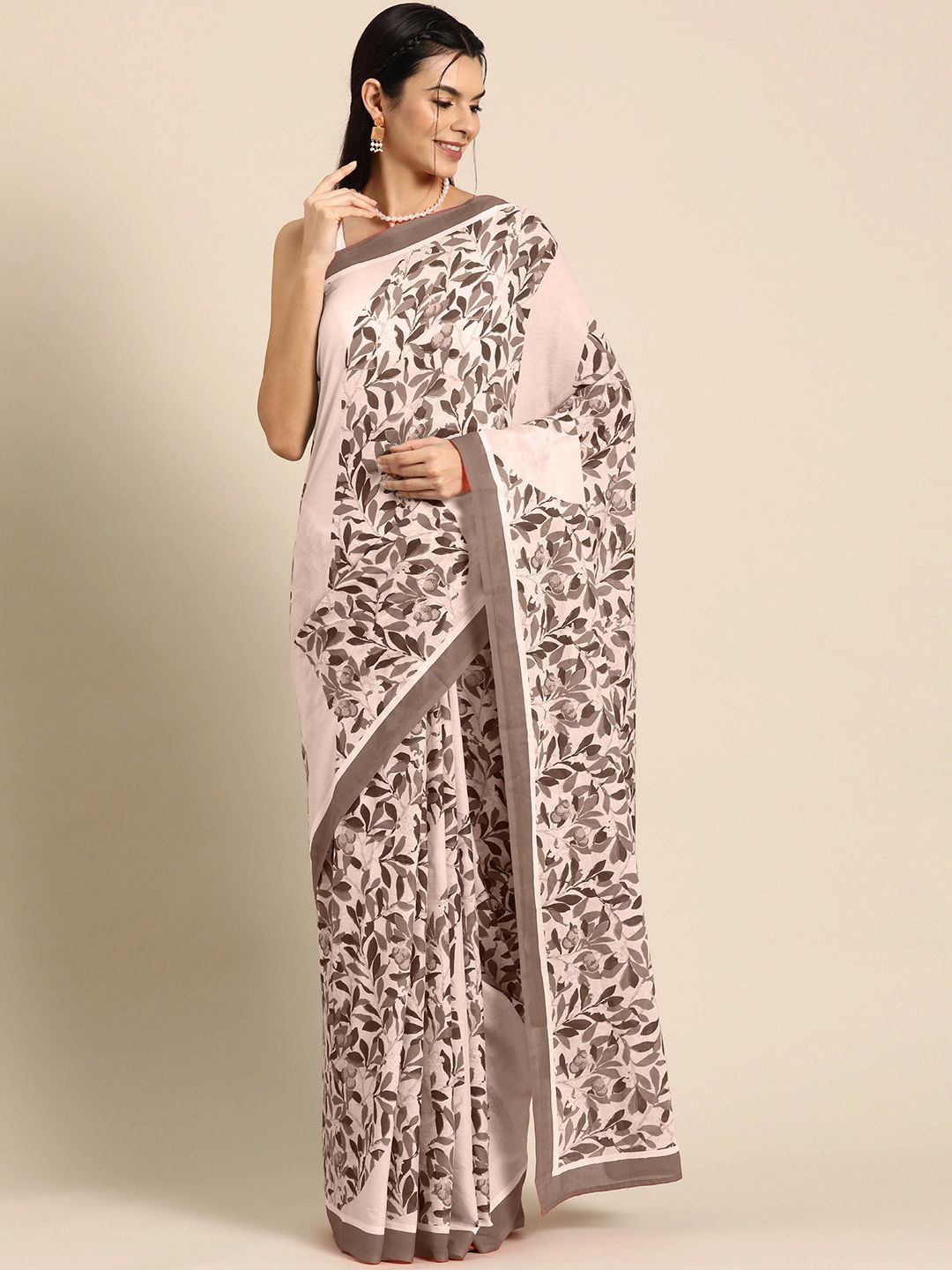 

BUTA BUTI Floral Pure Cotton Saree, Coffee brown