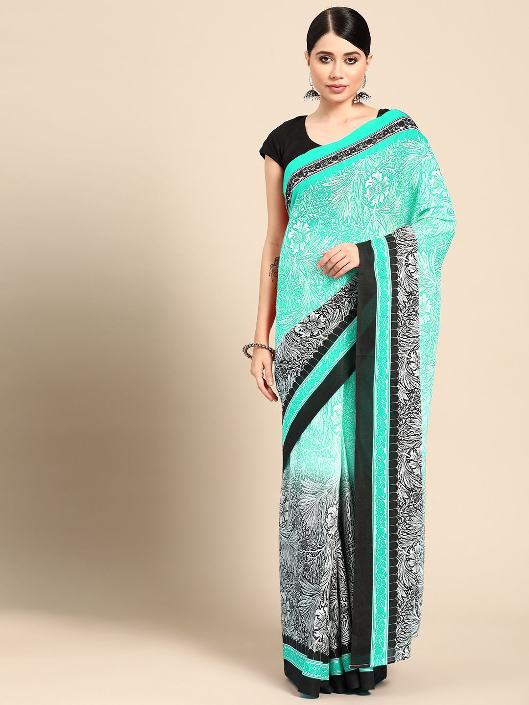 

BUTA BUTI Floral Printed Pure Cotton Saree, Sea green