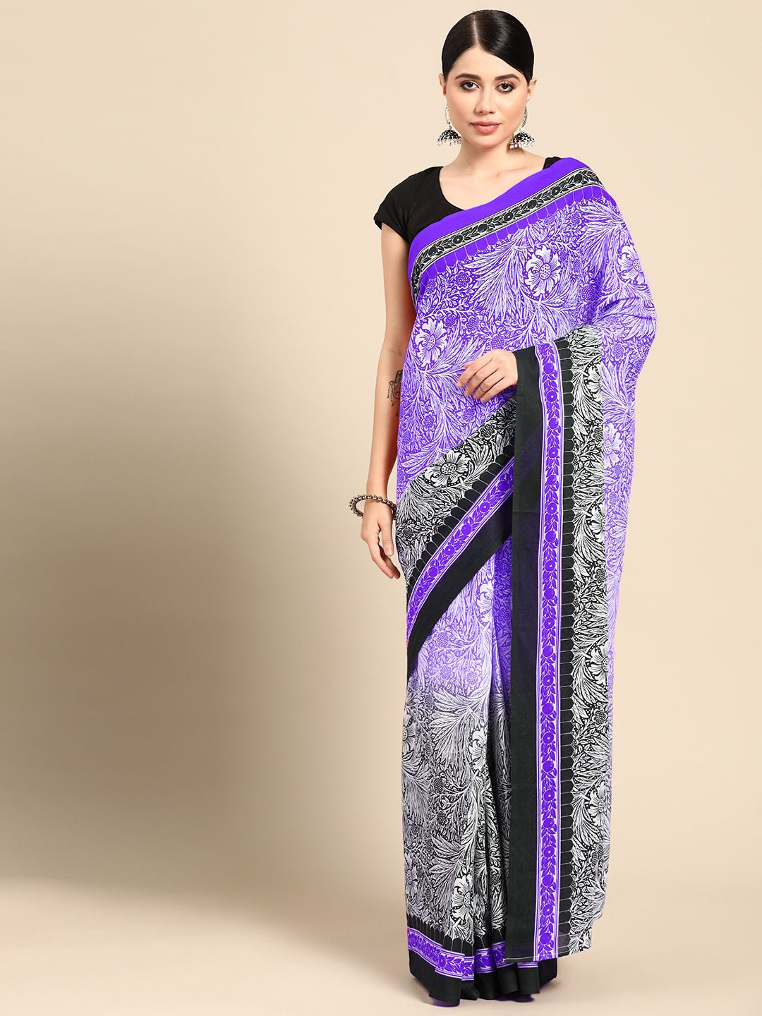 

BUTA BUTI Floral Pure Cotton Saree, Navy blue