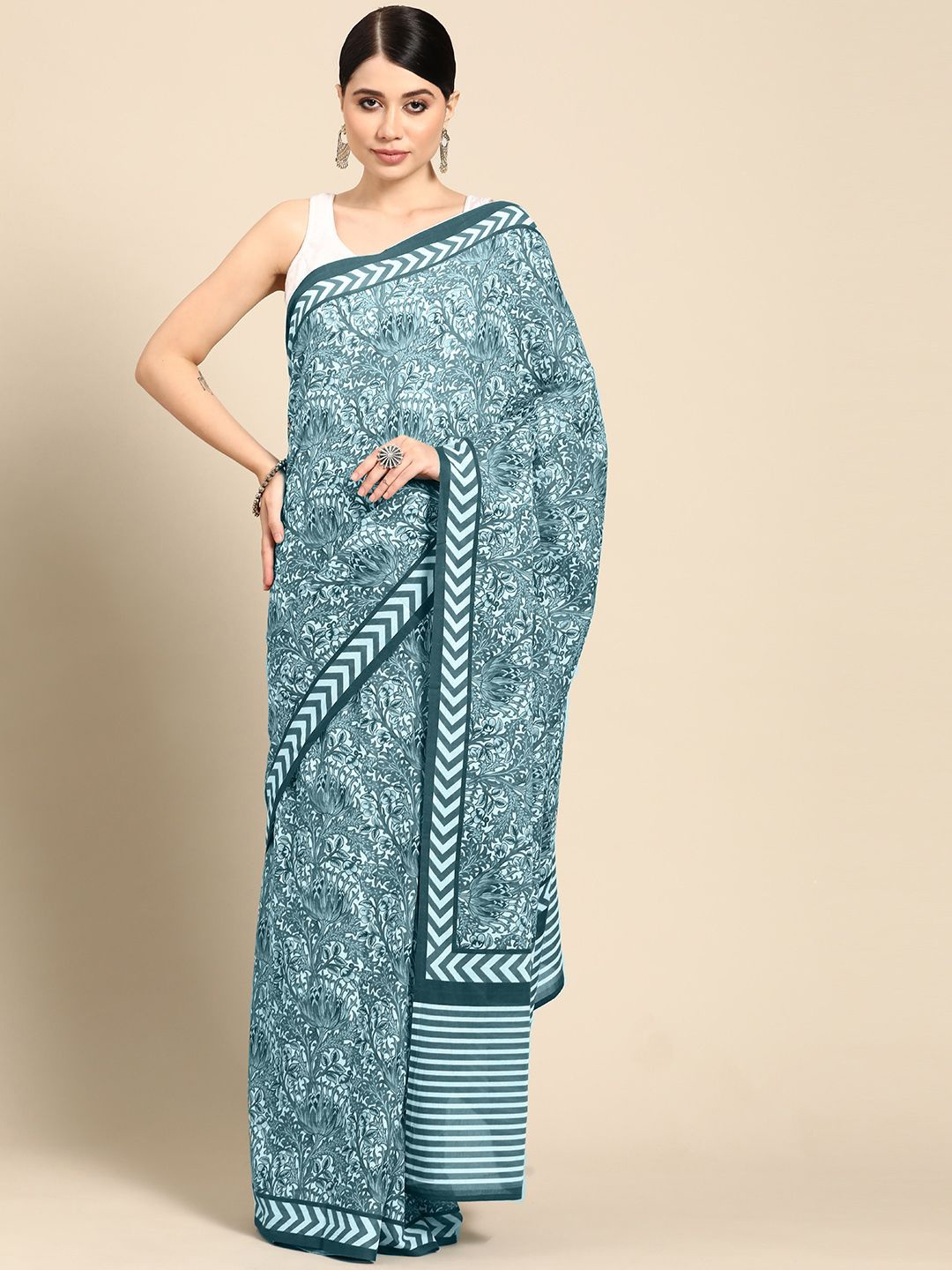 

BUTA BUTI Floral Printed Pure Cotton Saree, Sea green