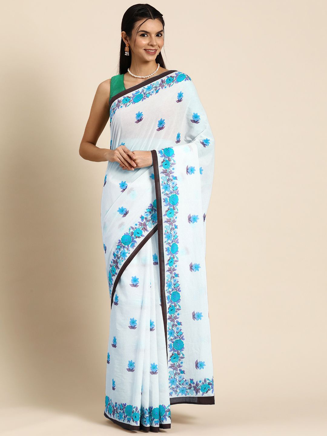 

BUTA BUTI Pure Cotton Floral Festive Saree, White