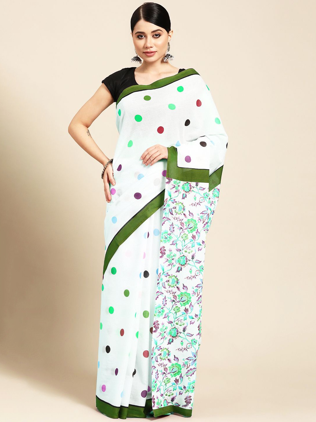 

BUTA BUTI Polka Dot Pure Cotton Saree, White