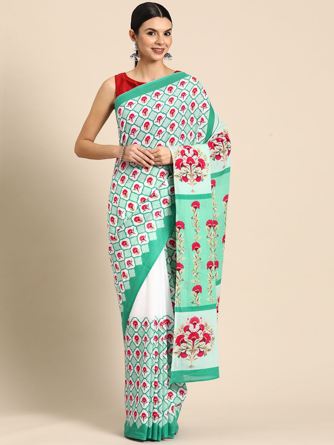 

BUTA BUTI Floral Pure Cotton Saree, Green