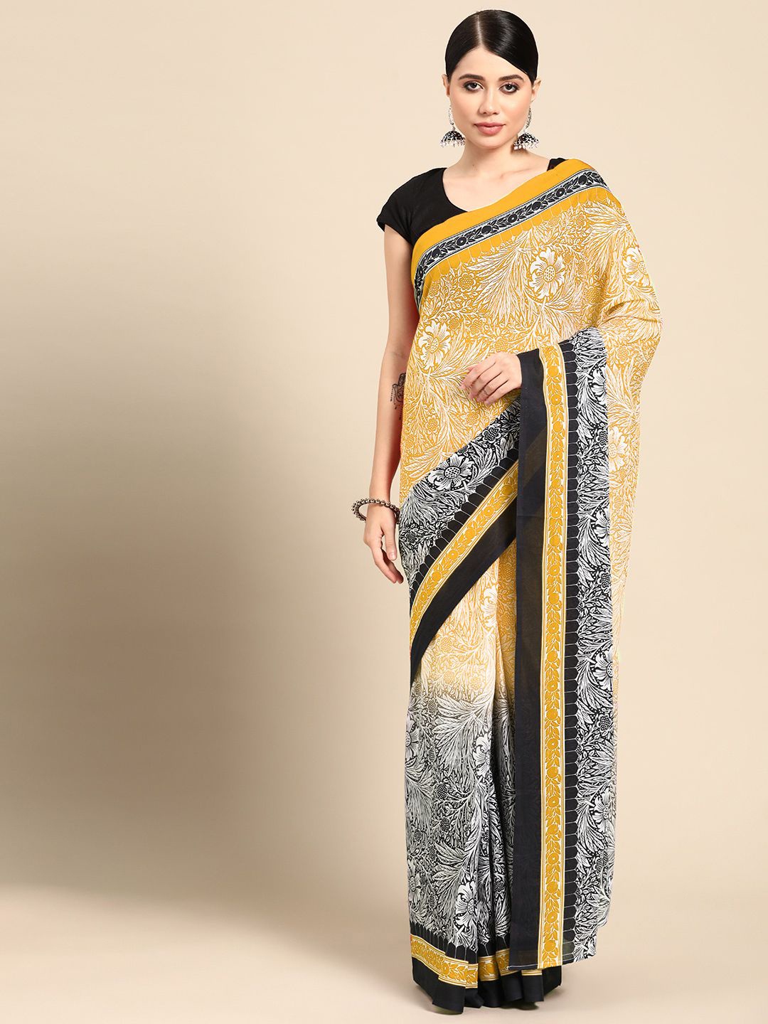 

BUTA BUTI Pure Cotton Floral Daily Saree, Mustard