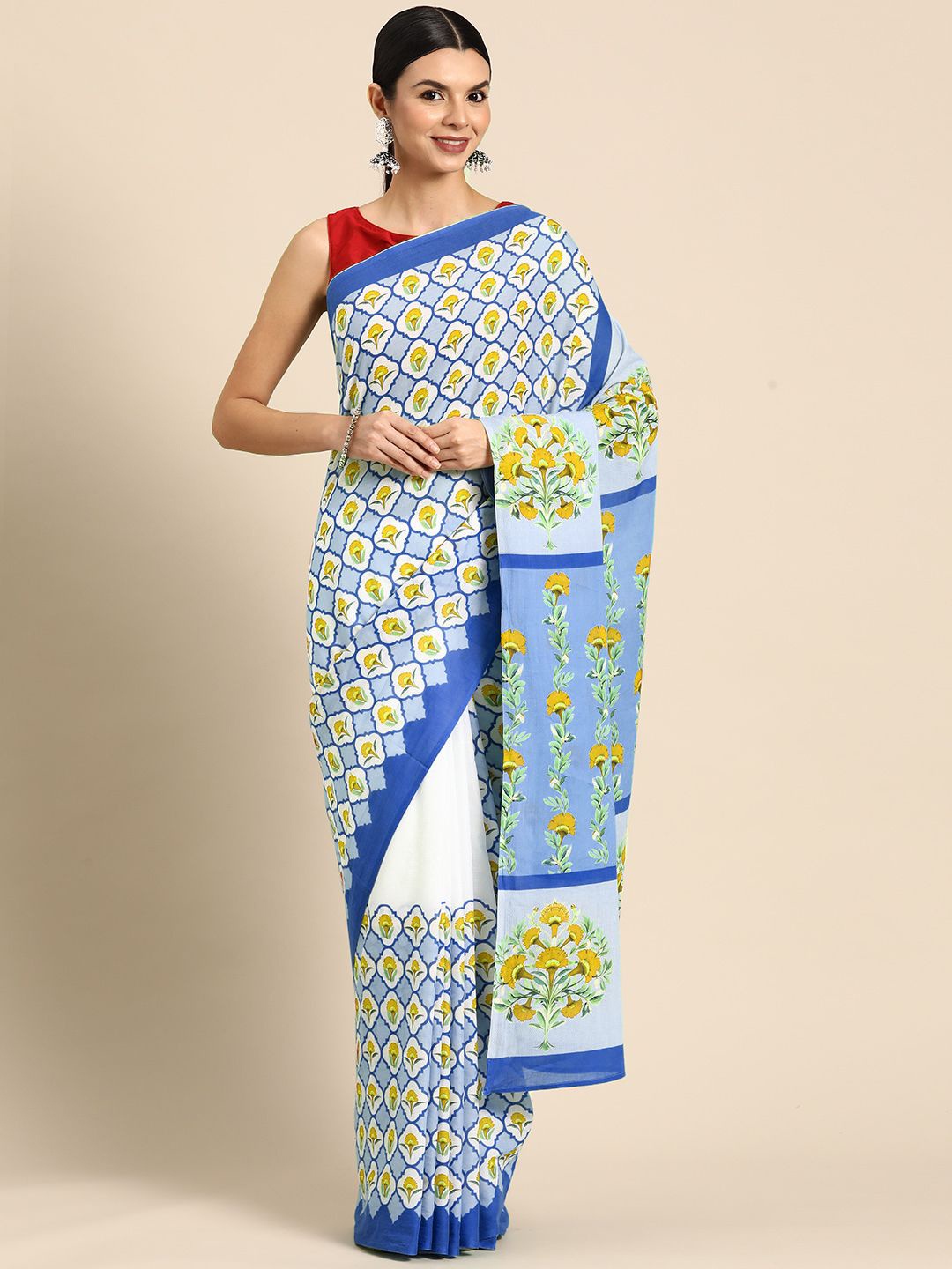 

BUTA BUTI Floral Pure Cotton Saree, Blue