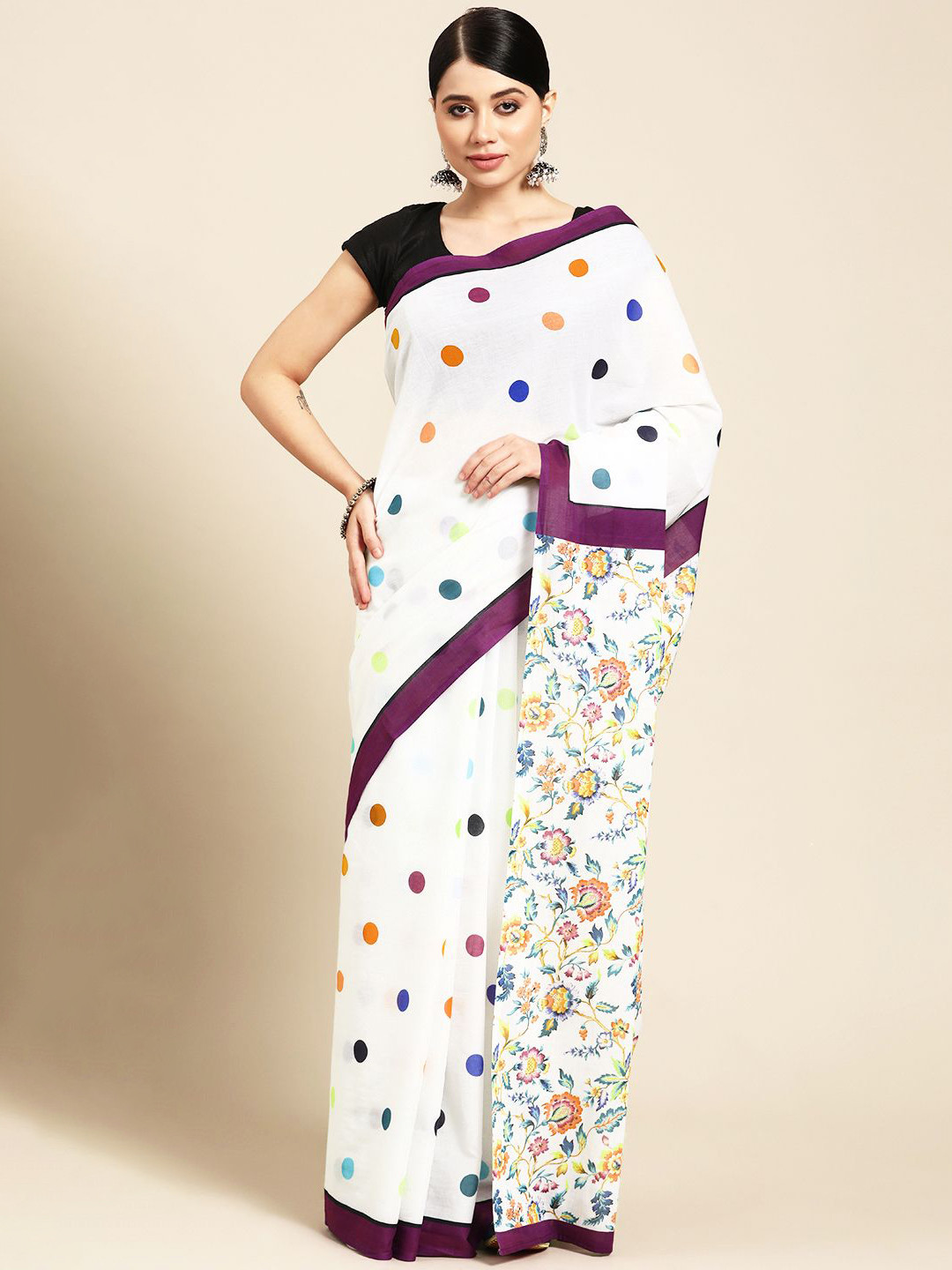 

BUTA BUTI Floral Pure Cotton Saree, White