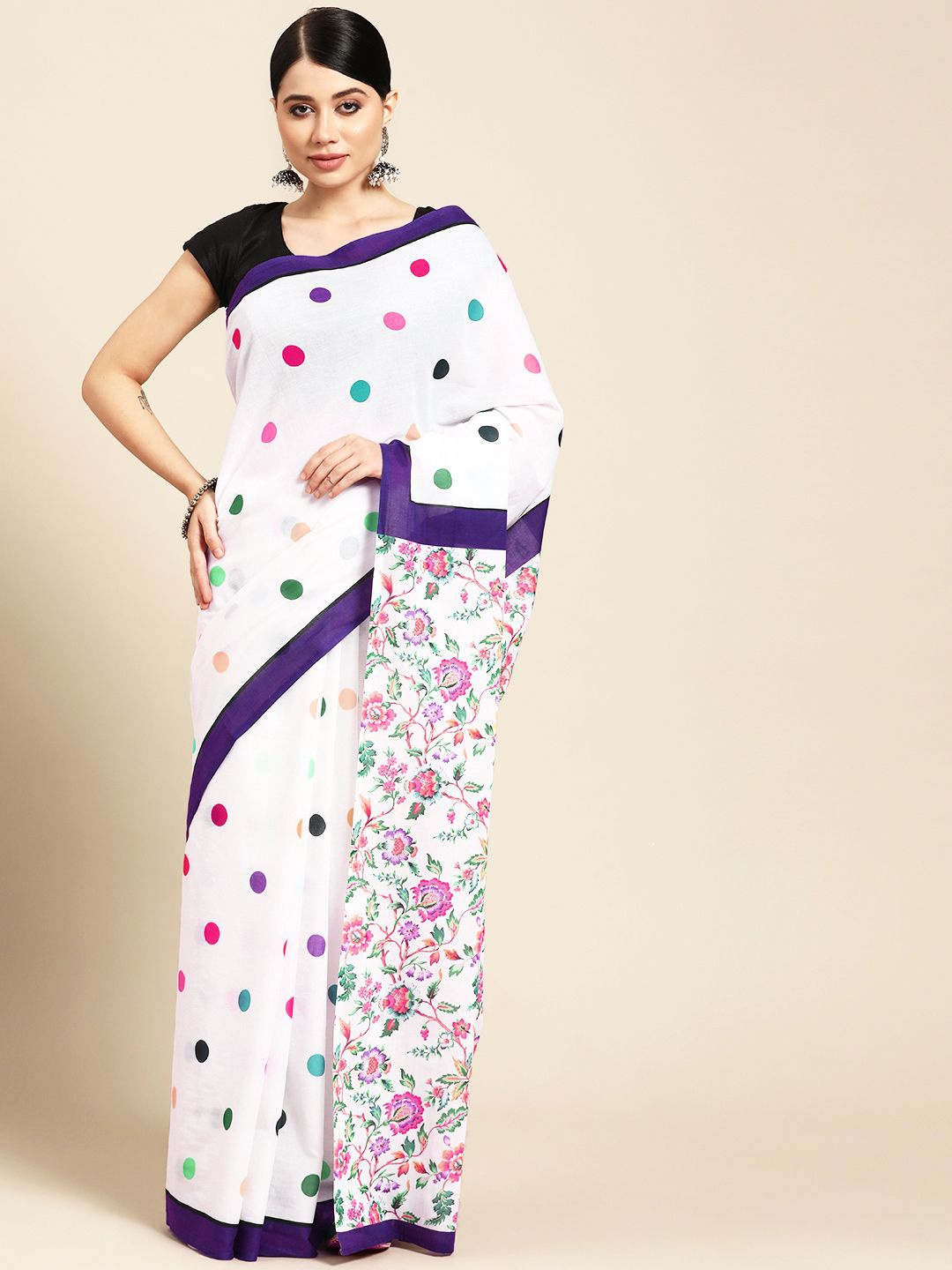 

BUTA BUTI Ethnic Motif Polka Dot Pure Cotton Saree, White