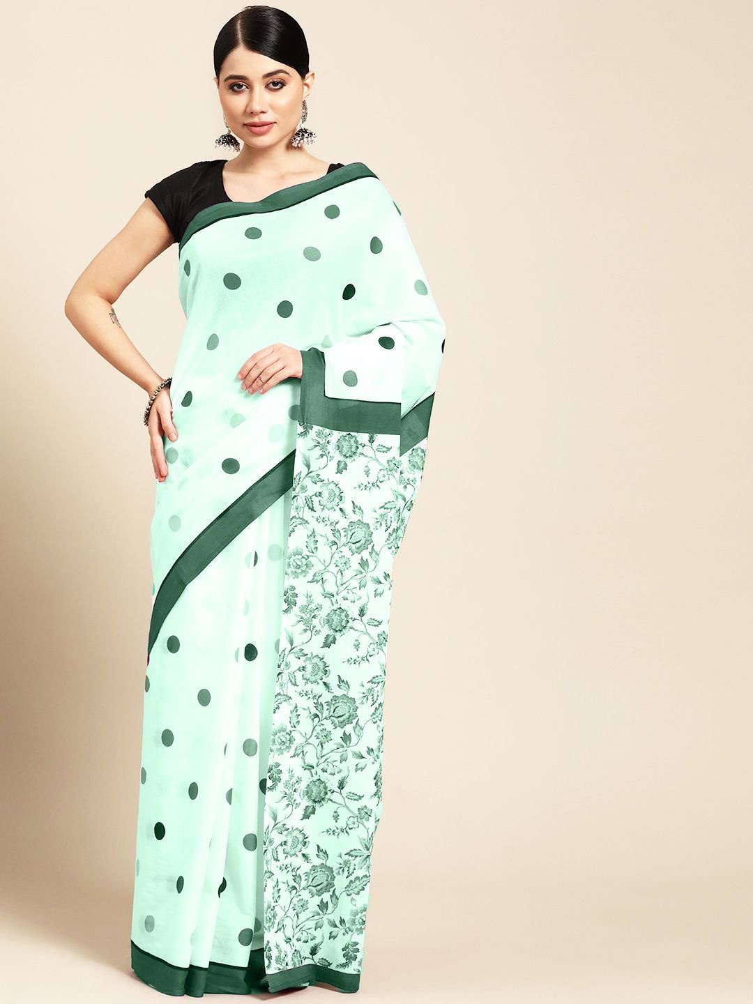

BUTA BUTI Polka Dot Printed Pure Cotton Saree, Green