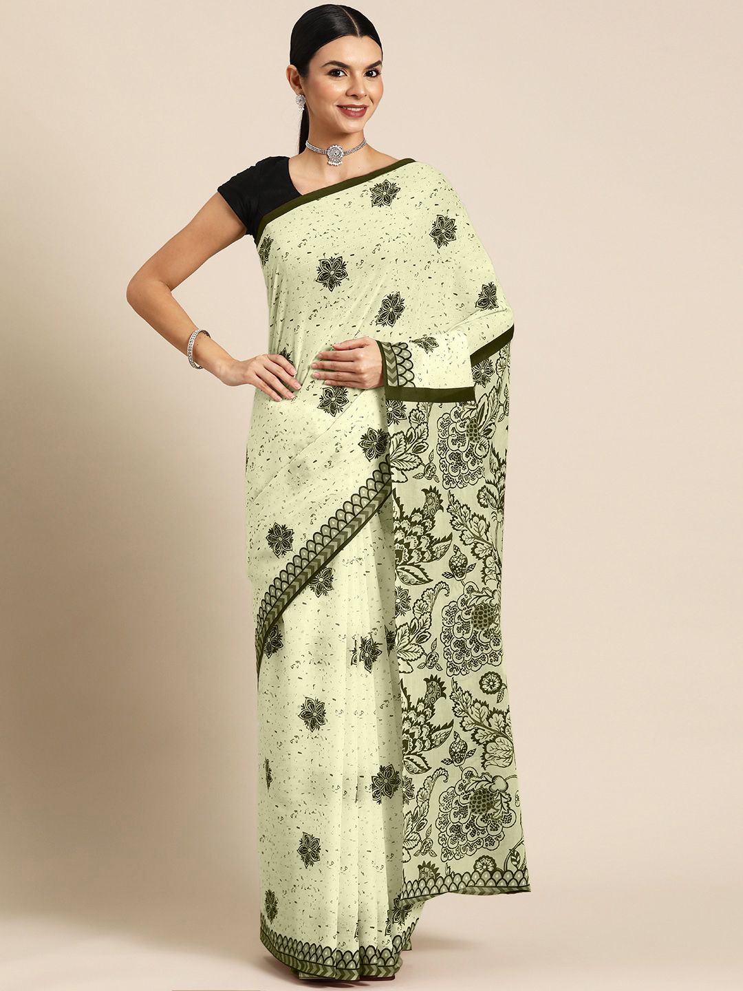 

BUTA BUTI Floral Pure Cotton Saree, Lime green