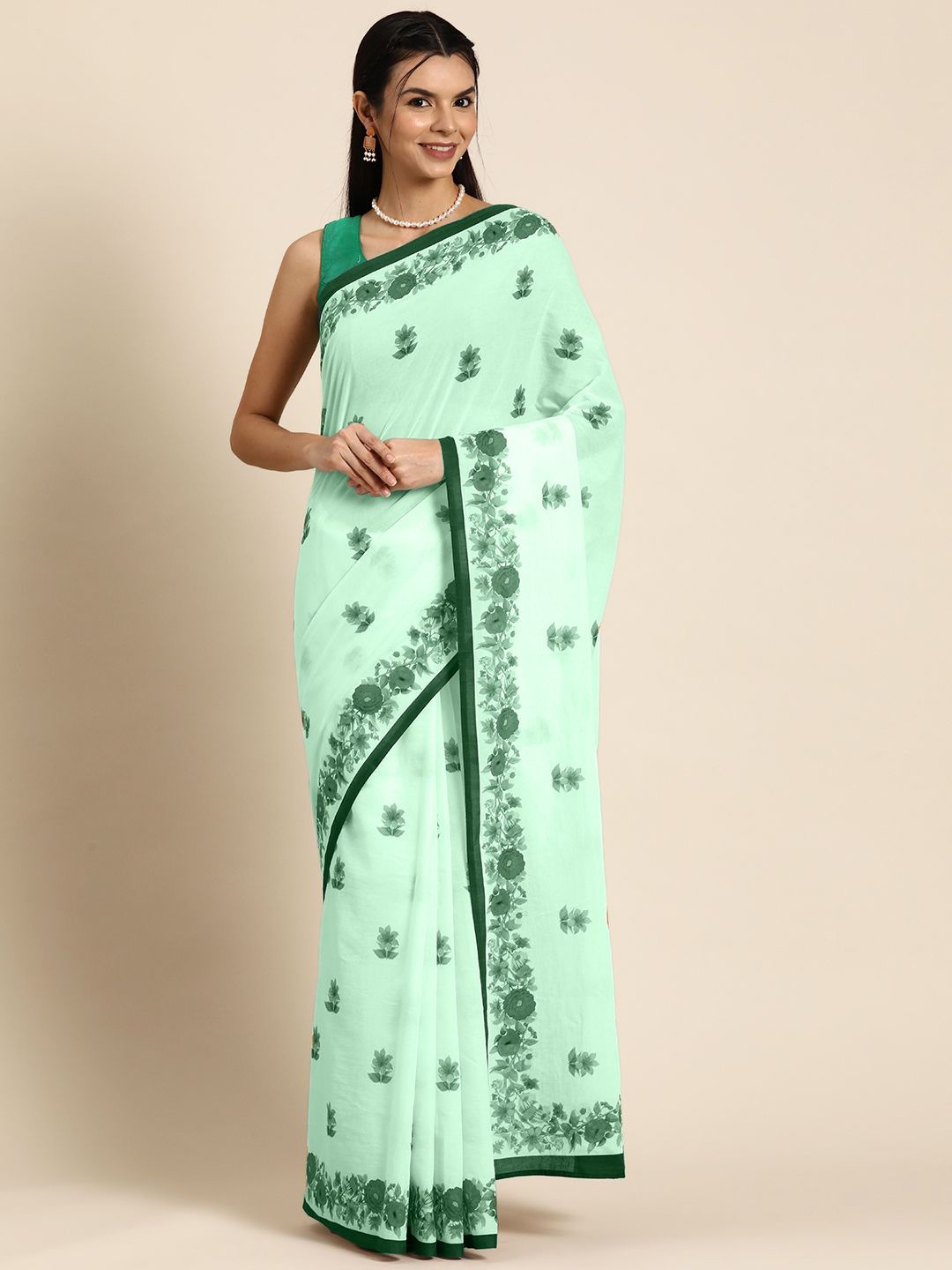 

BUTA BUTI Floral Pure Cotton Saree, Green