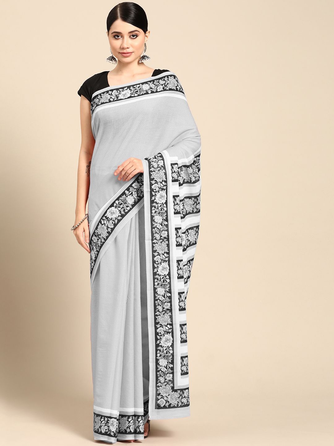 

BUTA BUTI Floral Printed Pure Cotton Saree, Grey