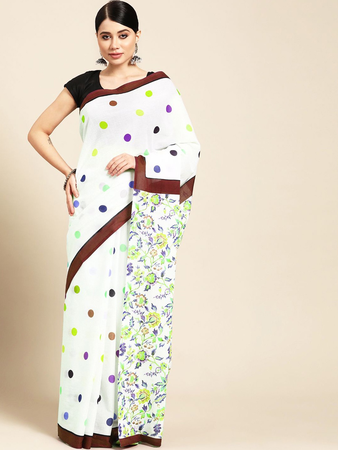 

BUTA BUTI Polka Dot Printed Pure Cotton Saree, White