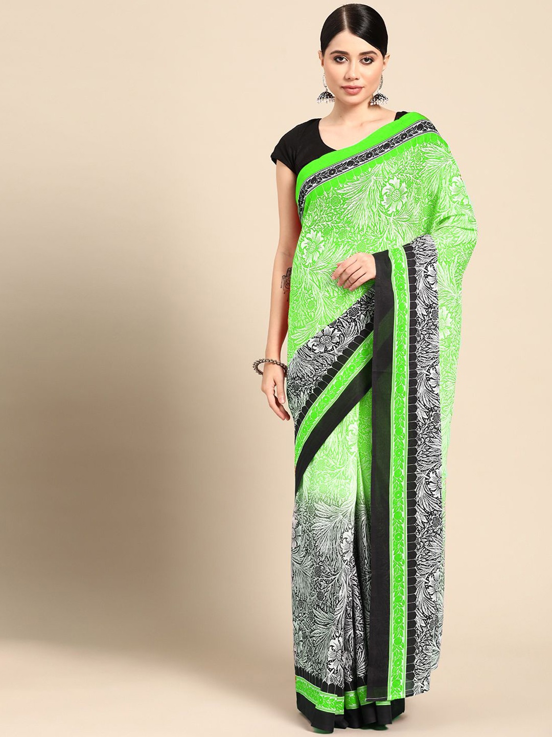 

BUTA BUTI Floral Printed Pure Cotton Saree, Fluorescent green