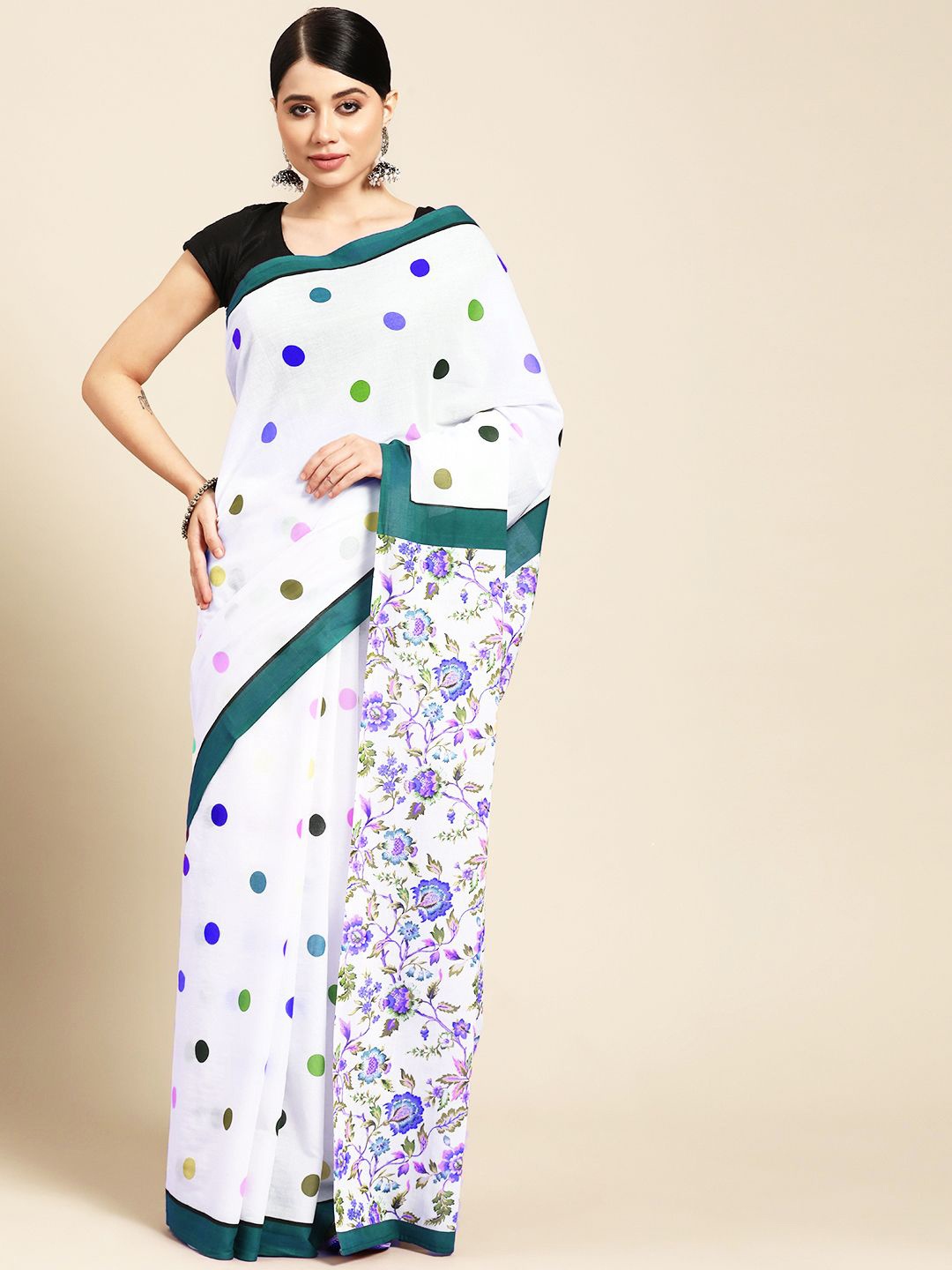 

BUTA BUTI Polka Dot Pure Cotton Saree, White