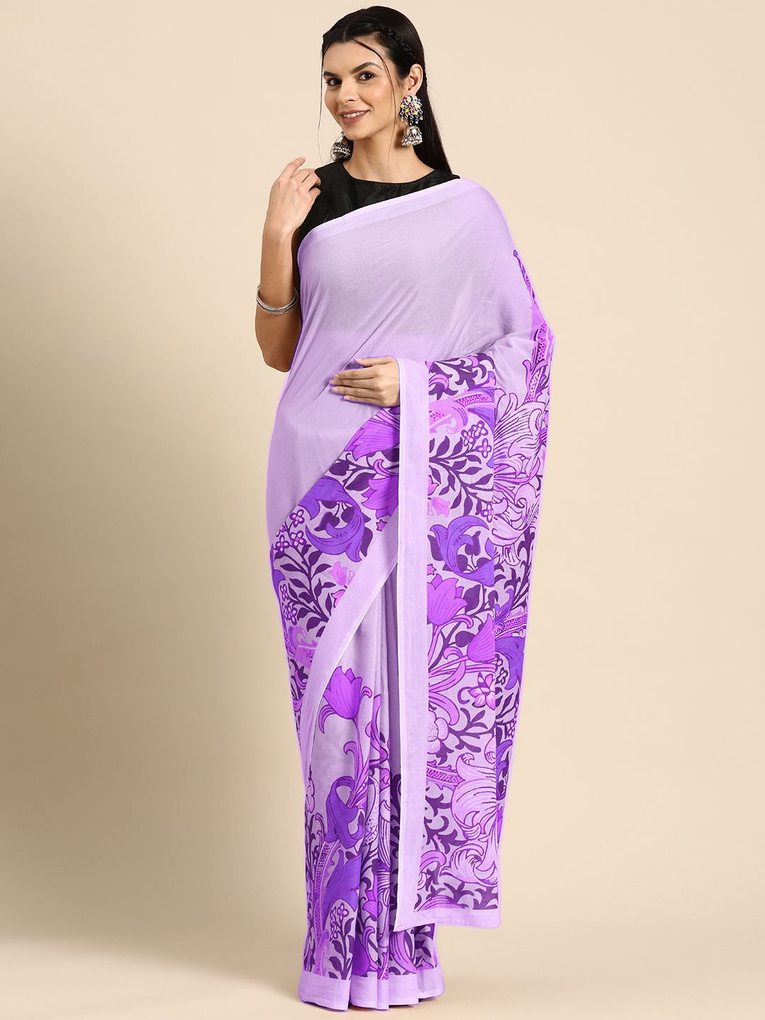 

BUTA BUTI Floral Pure Cotton Saree, Purple