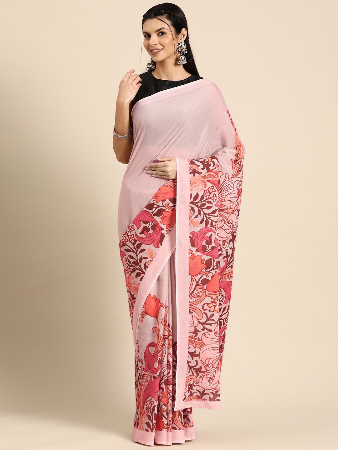 

BUTA BUTI Floral Printed Pure Cotton Saree, Pink