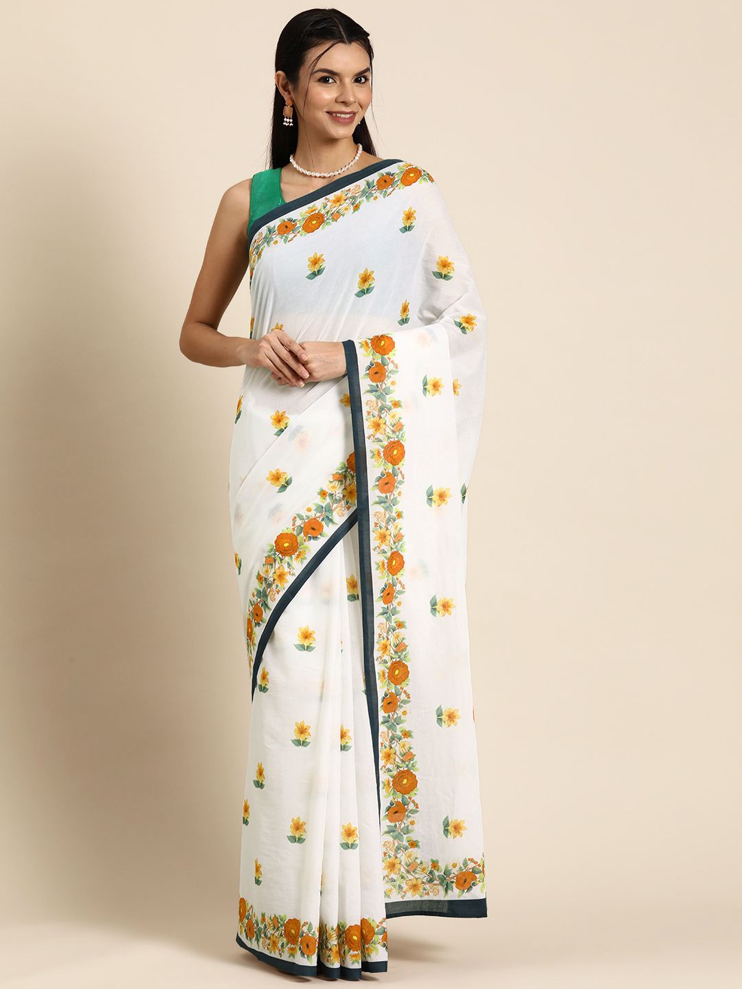 

BUTA BUTI Floral Printed Pure Cotton Saree, Mustard