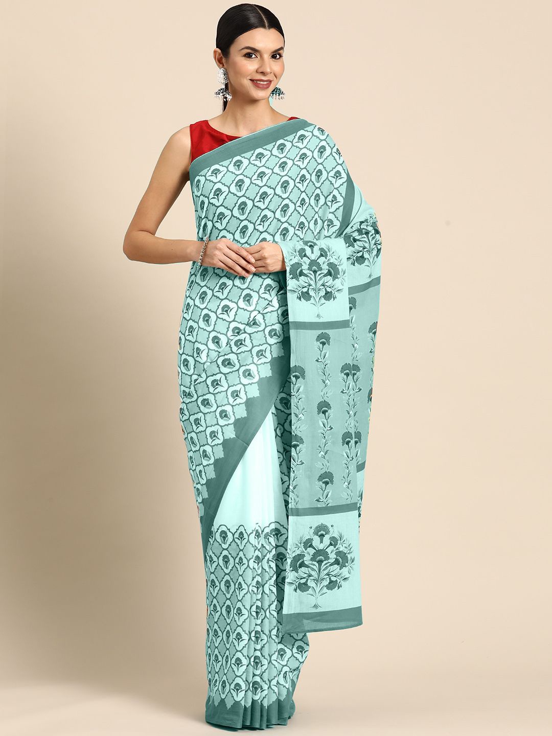 

BUTA BUTI Floral Pure Cotton Saree, Sea green