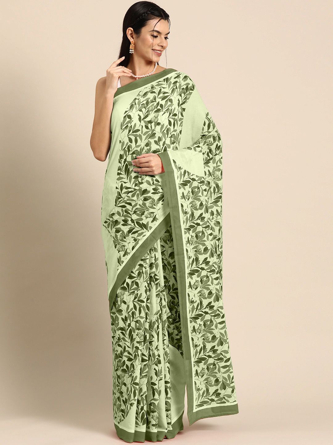 

BUTA BUTI Floral Printed Pure Cotton Saree, Lime green